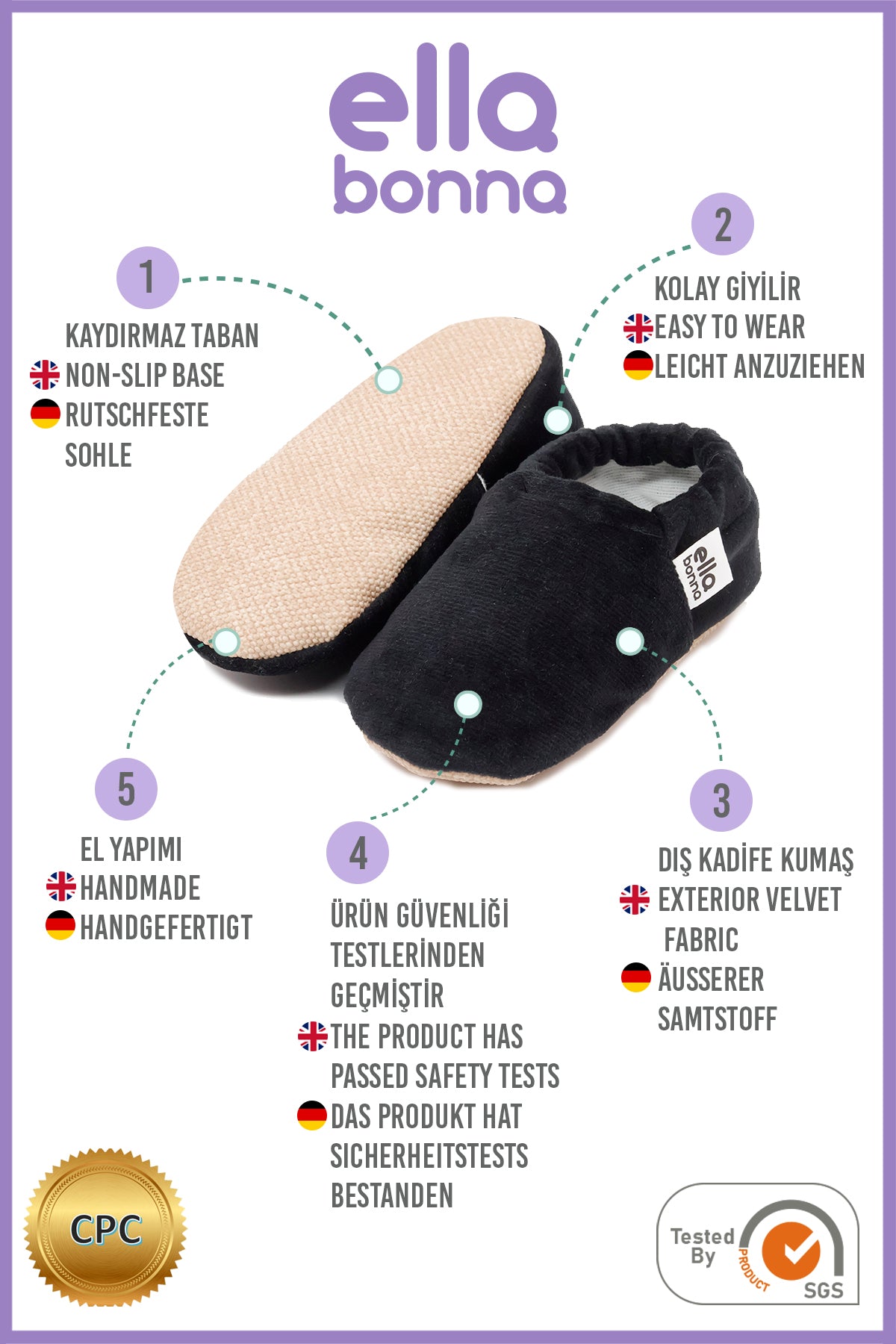 Organic Cotton Velvet Home Nursery Moccasin Shoes Black