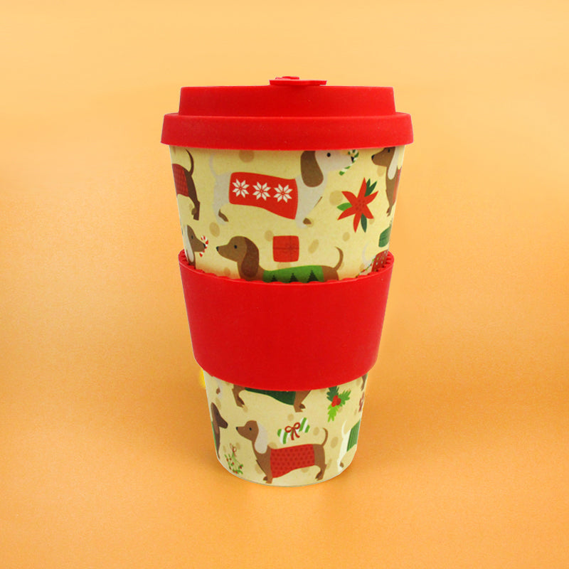 Eco-friendly Reusable Plant Fiber Holiday Travel Mug With Christmas Wiener Dog Design