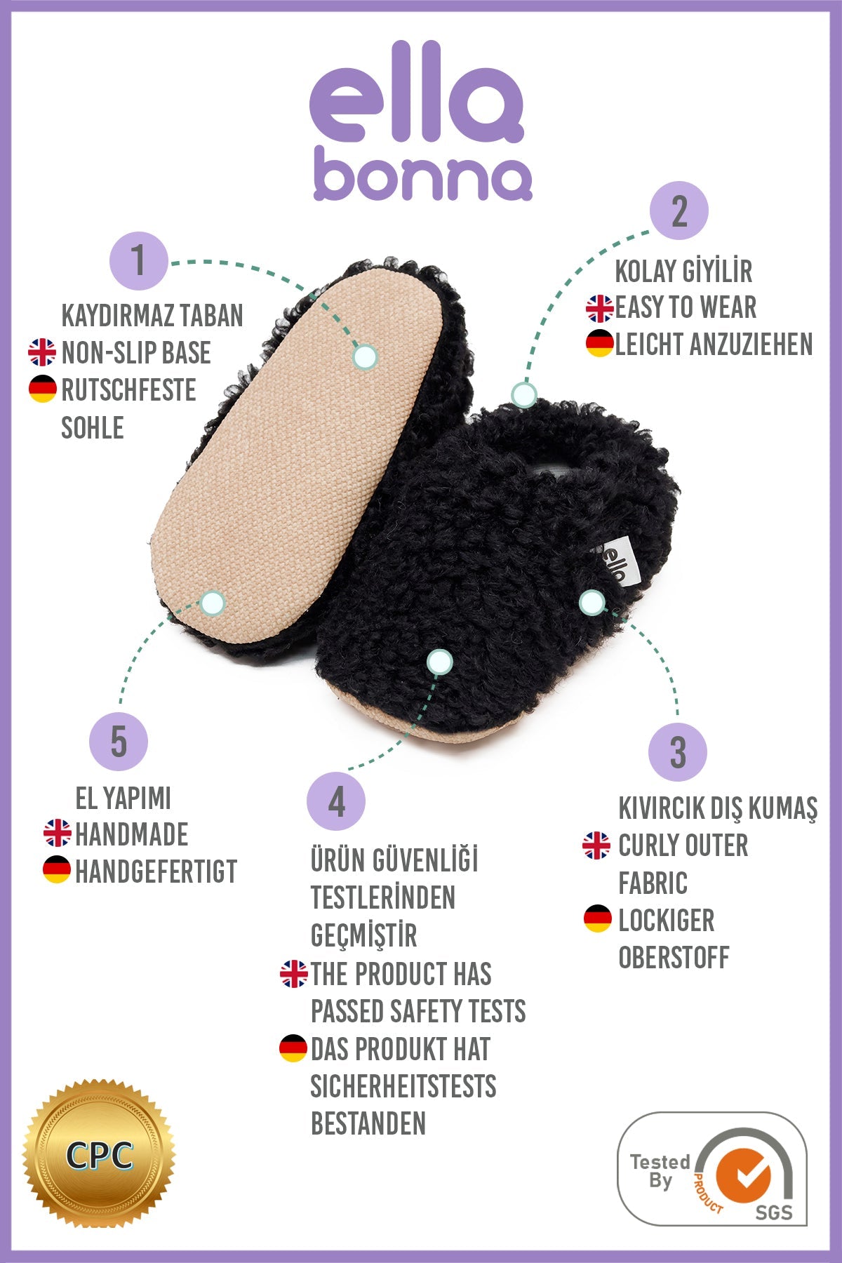 Teddy Baby Booties House Slippers, Non-slip Sole, Organic Cotton Lining, Home Nursery Shoes, Black