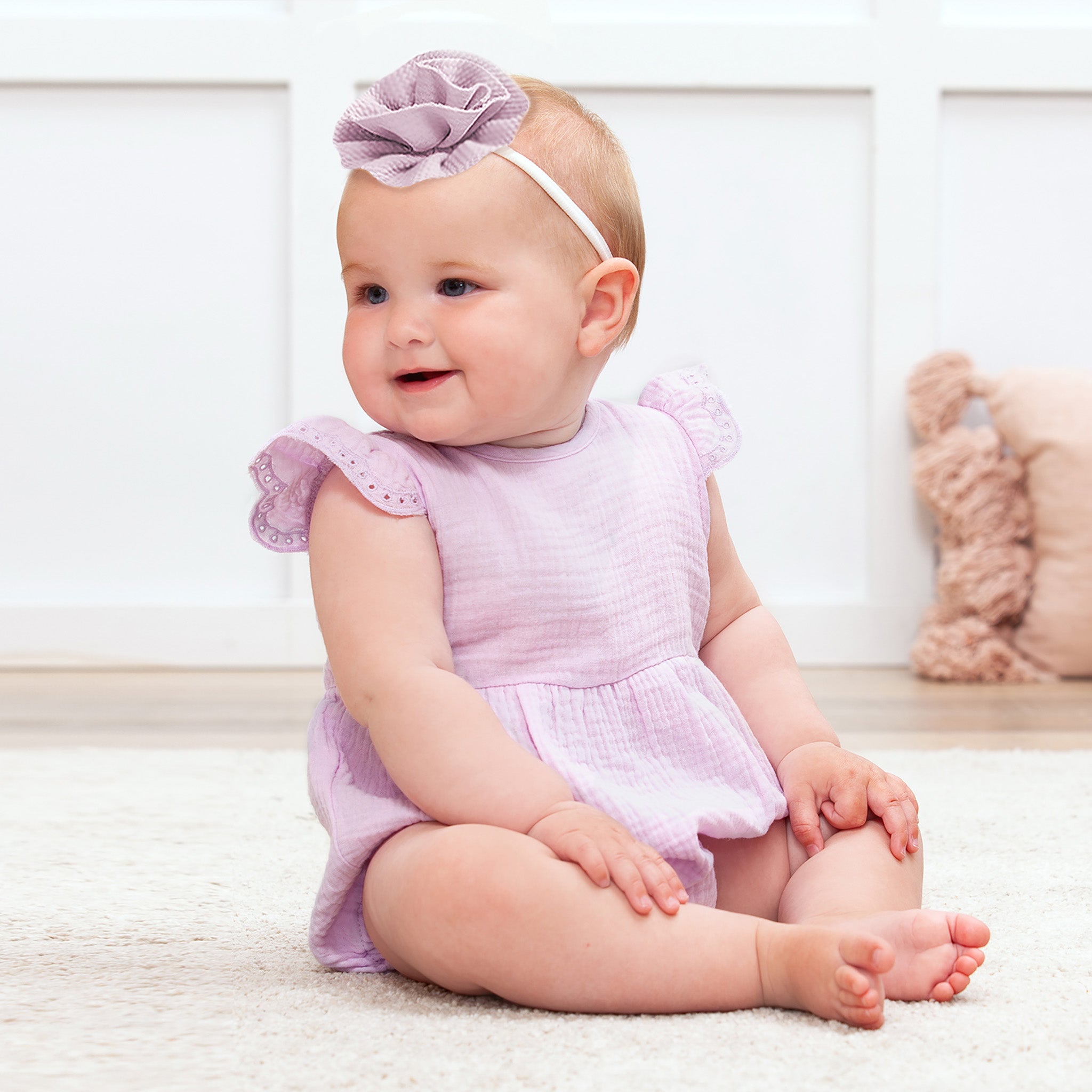 Lavendar Gauze Baby Bodysuit W/eyelet Flutter Sleeves