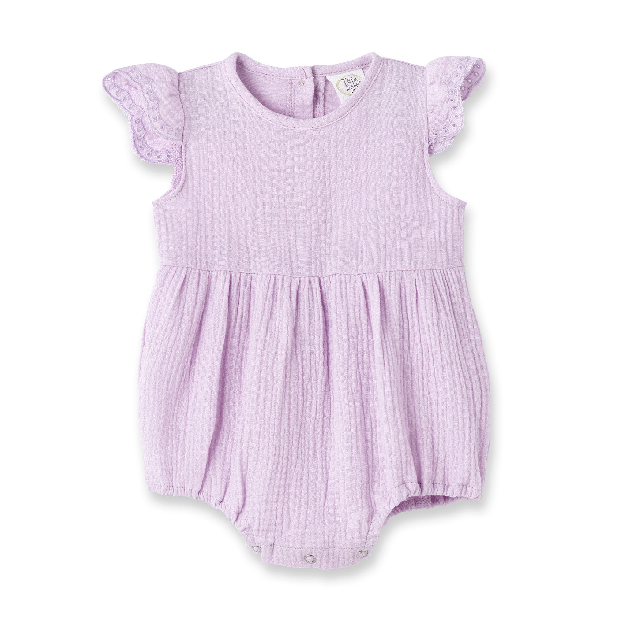 Lavendar Gauze Baby Bodysuit W/eyelet Flutter Sleeves