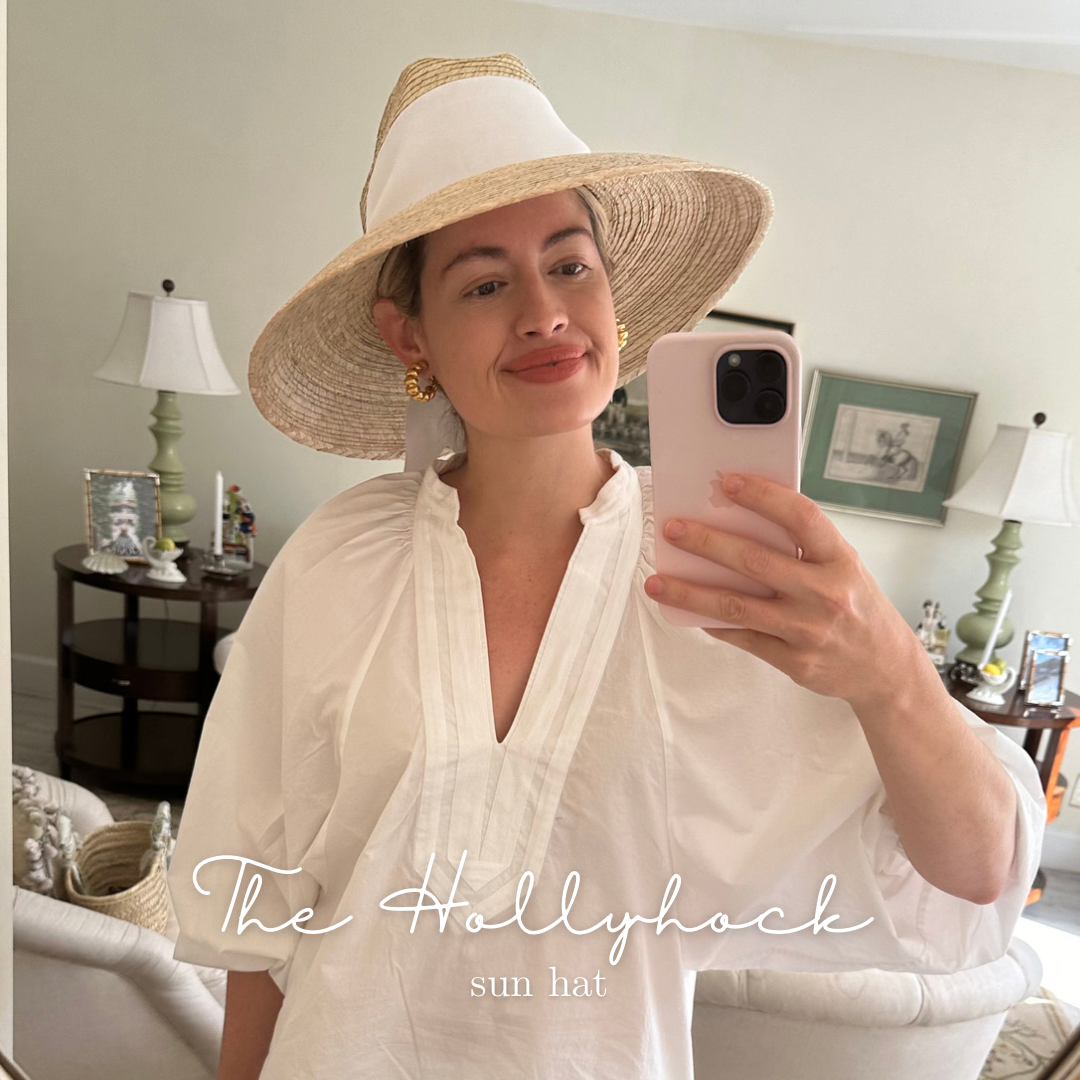 Hollyhock Sun Hat - Vintage Azure Garden Rose Long Ribbon