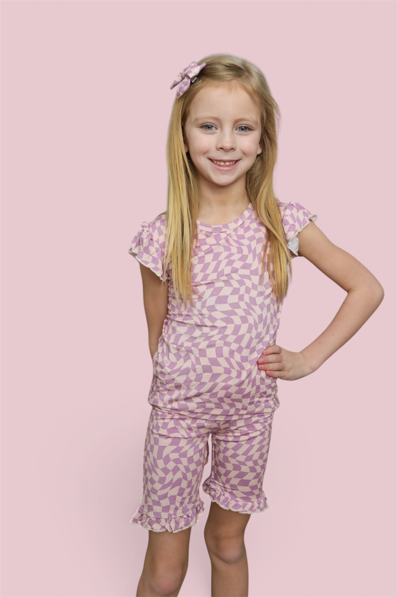 Plum Wavy Checkers Dream Ruffle Short Set