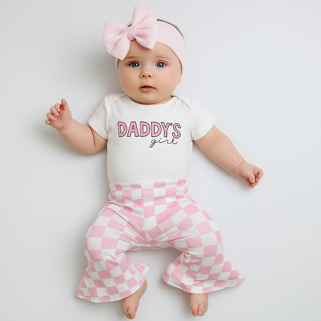 Pink Checker Daddy's Girl Baby Bell Bottom Outfit