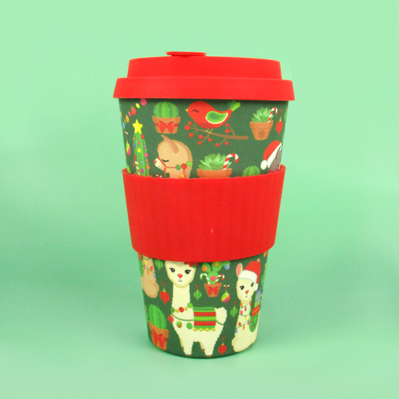 Eco-friendly Reusable Plant Fiber Holiday Travel Mug With Christmas Llama Alpaca Design