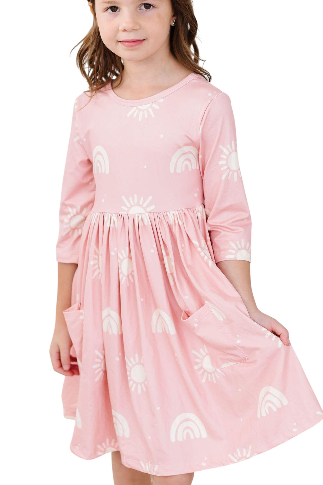 Soft Pink Suns 3/4 Sleeve Pocket Twirl Dress