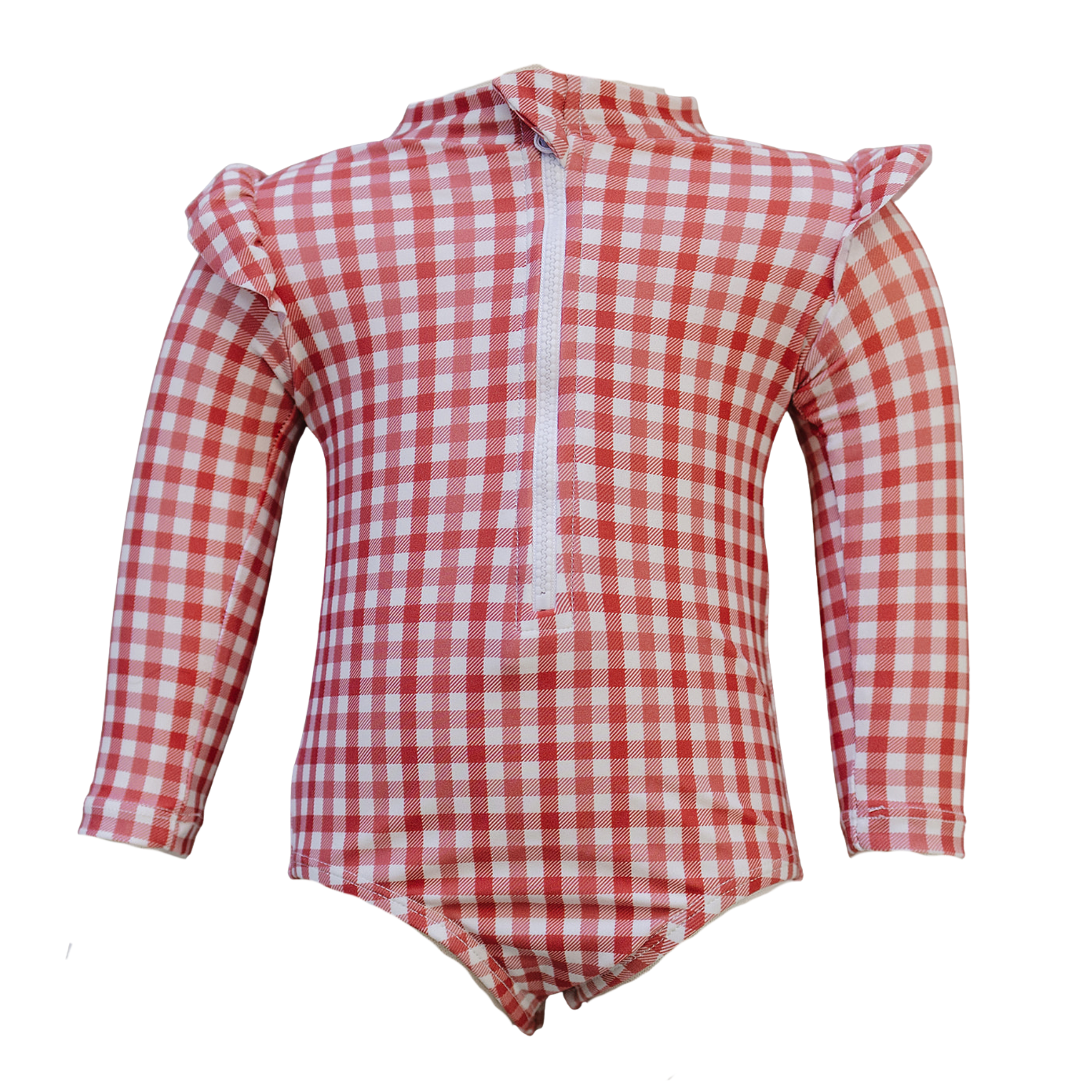 Gingham Long Sleeve Ruffle Zipper One-piece