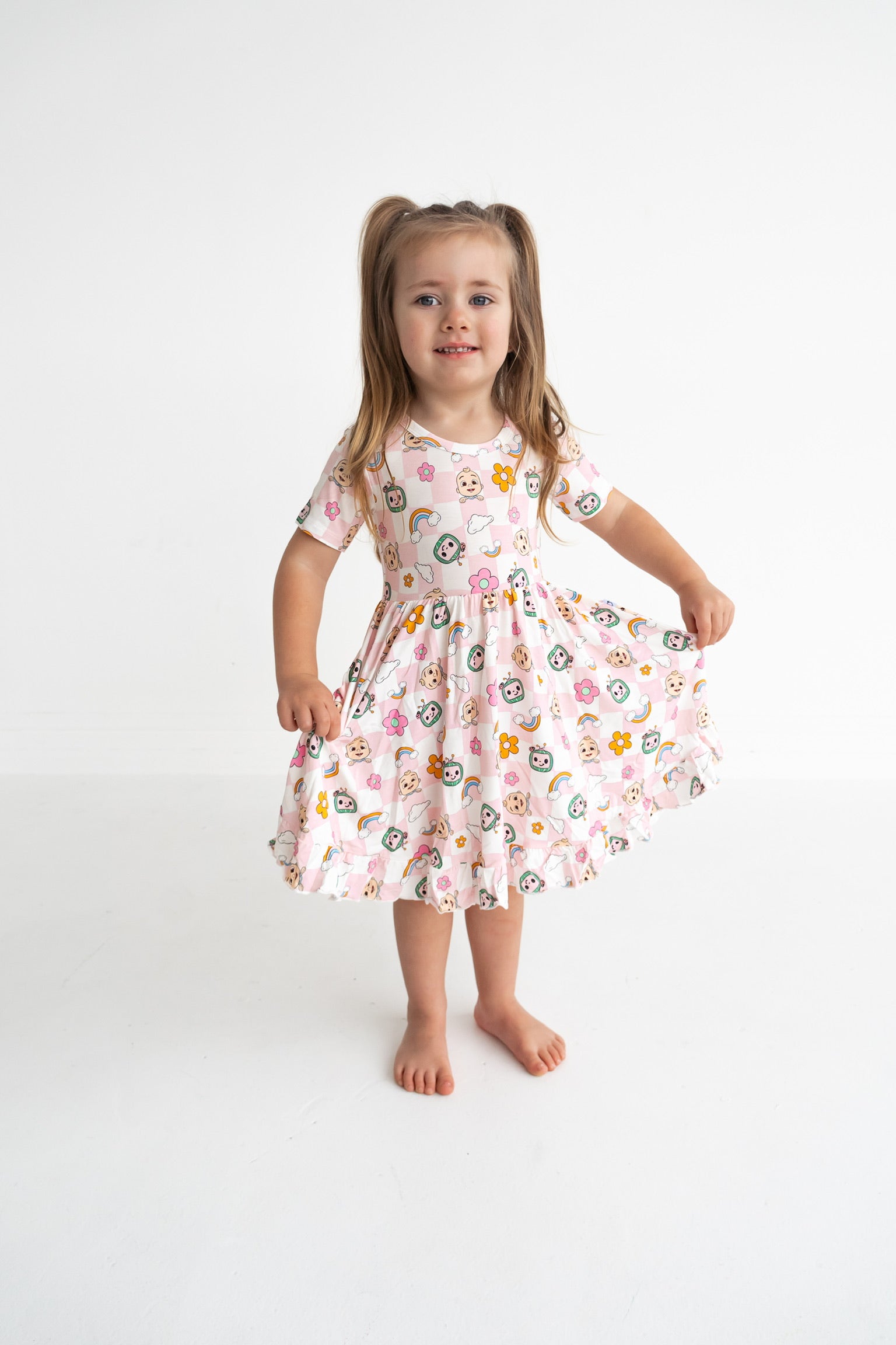 Dream Big Little Co X Cocomelon Jj Rainbow Checkers Short Sleeve Dream Ruffle Dress