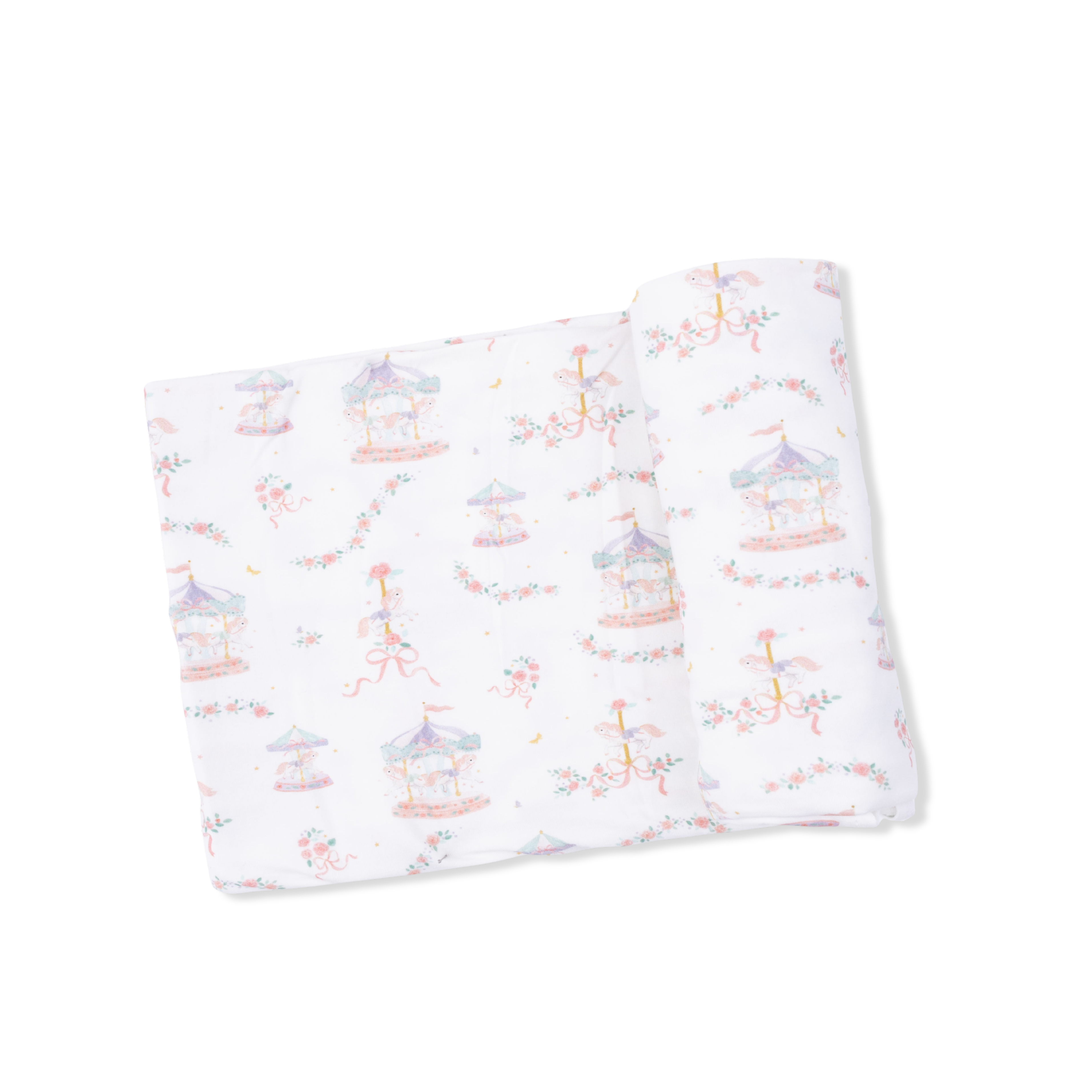 Carousel With Bows - 2 Way Ruffle Back Zipper Footie, Headband, & Swaddle Blanket Set