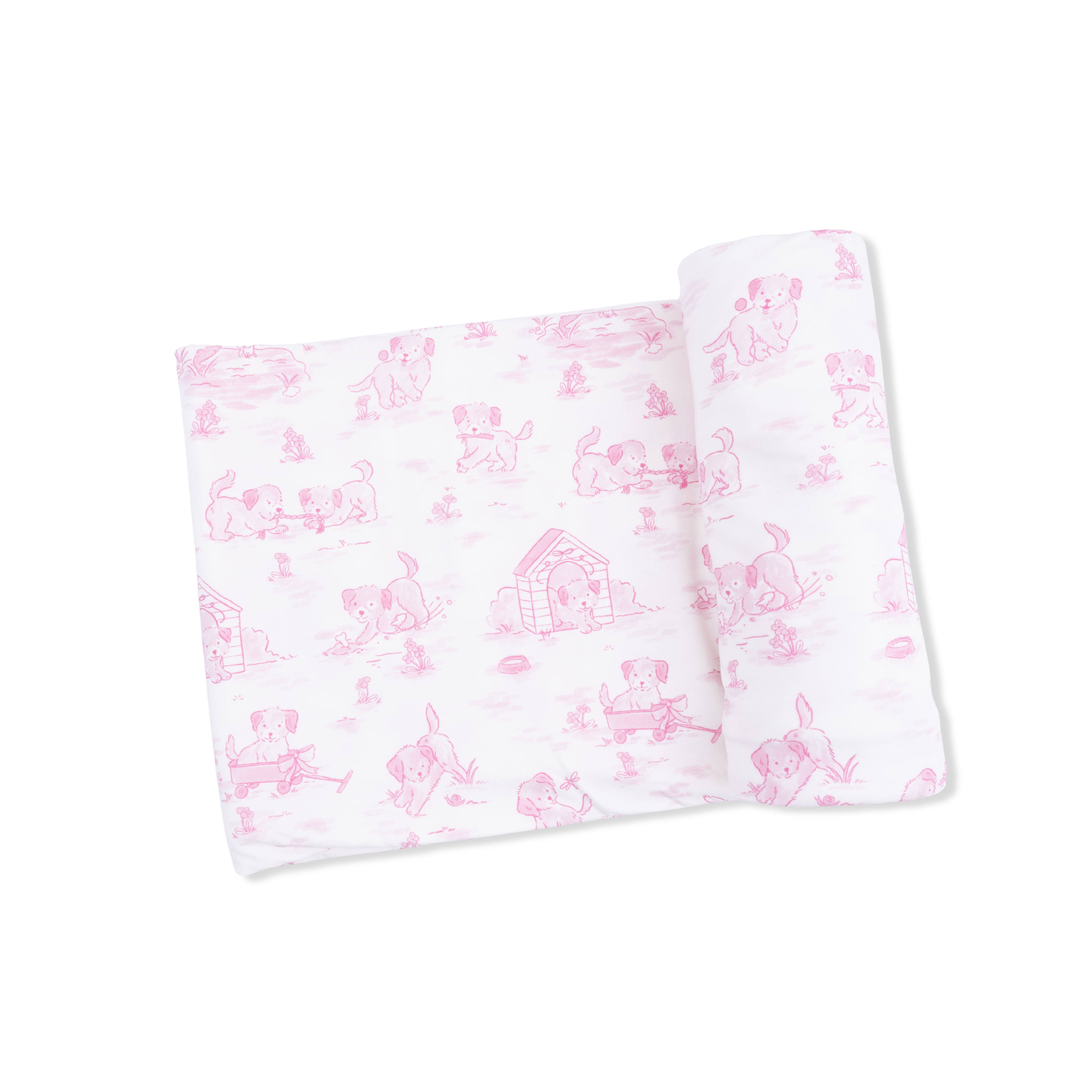 Puppy Toile Pink - 2 Way Ruffle Back Zipper Footie & Swaddle Blanket Set