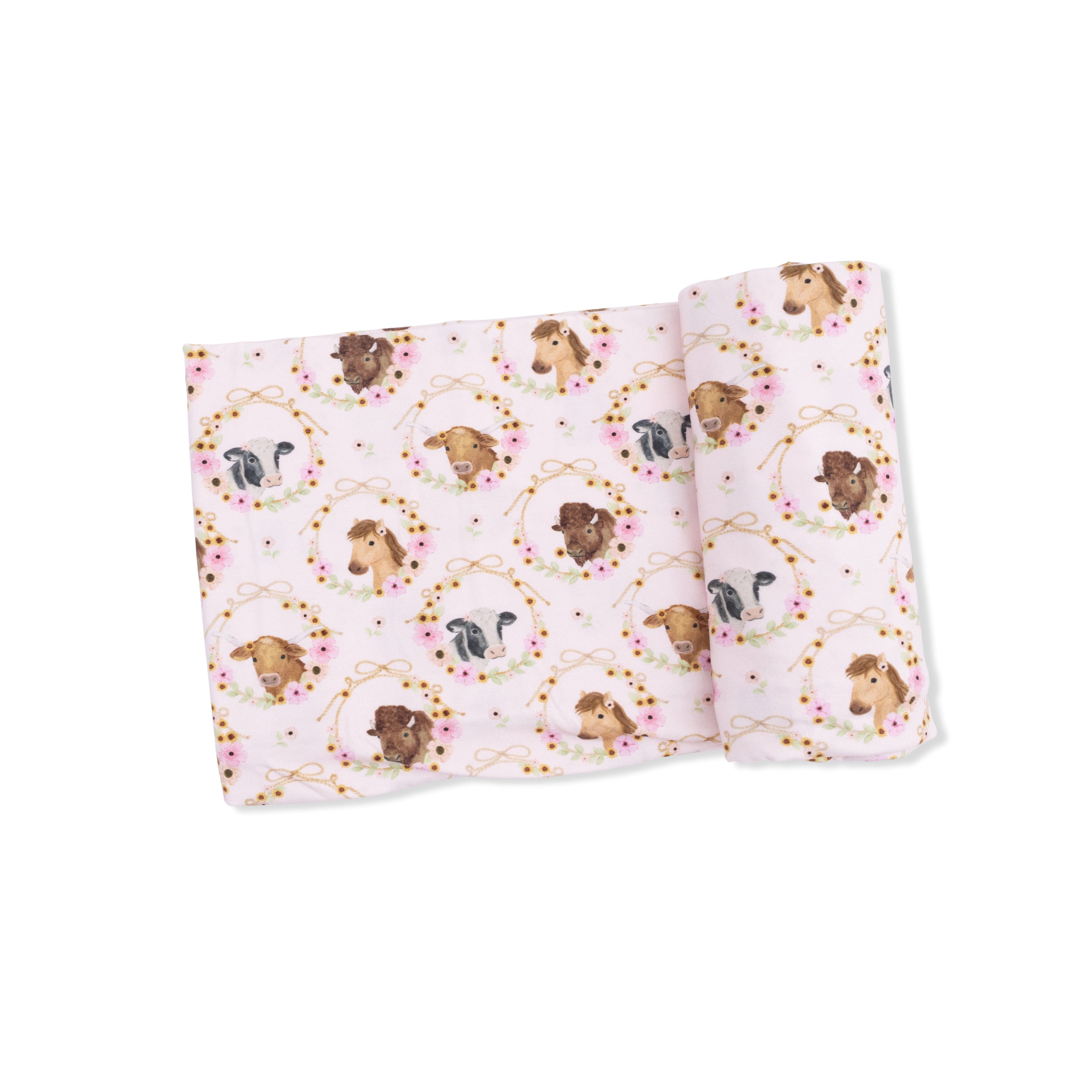 Farm Animals Floral Cameos Pink - Swaddle Blanket