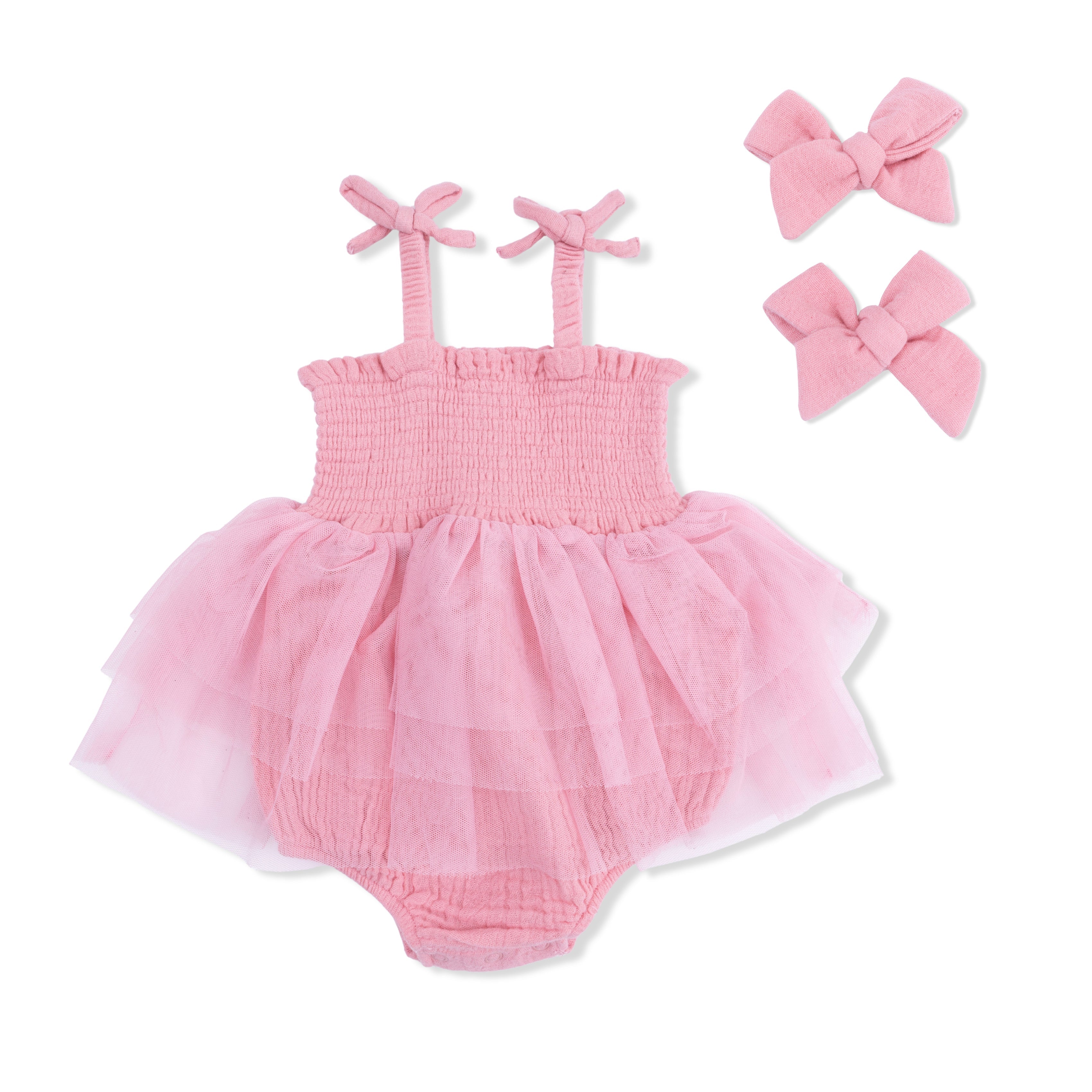 Solid Muslin Poignant Pink - Tutu Bubble & 2 Pack Bow Clips Set