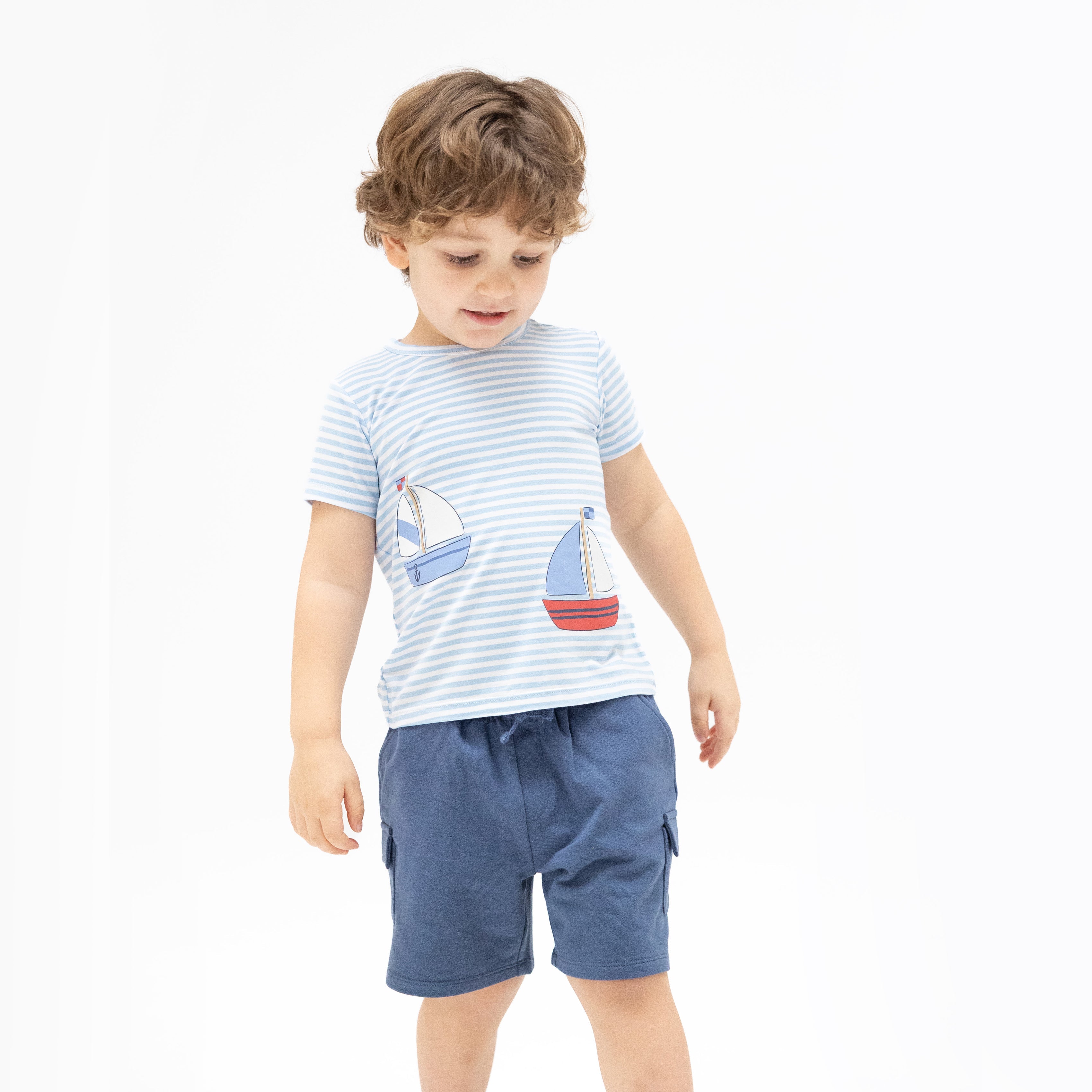 Bubbly Sailboat Stripe - Crew Neck Tee With Cargo Short