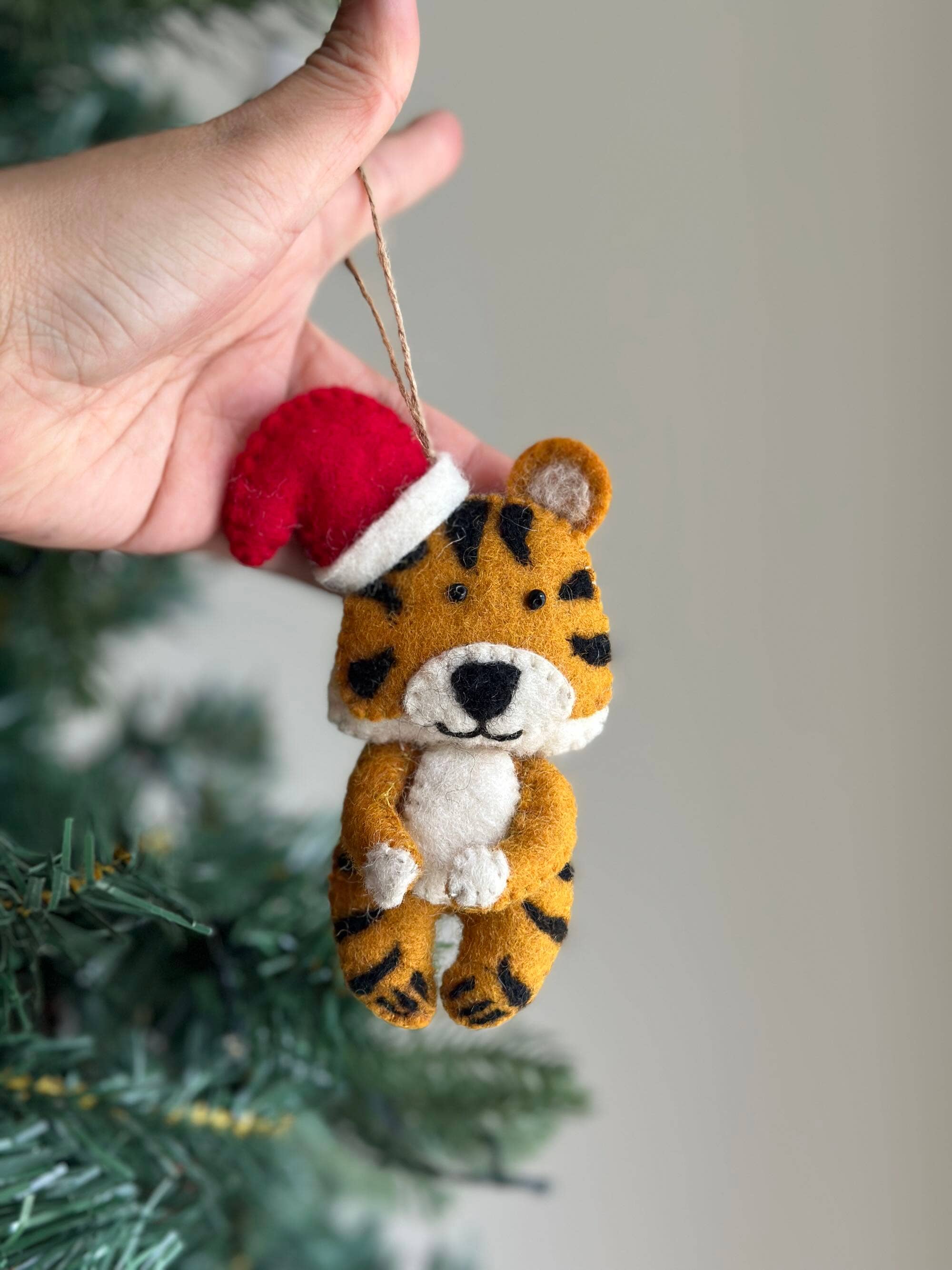 Felt Tiger With Christmas Hat Ornament