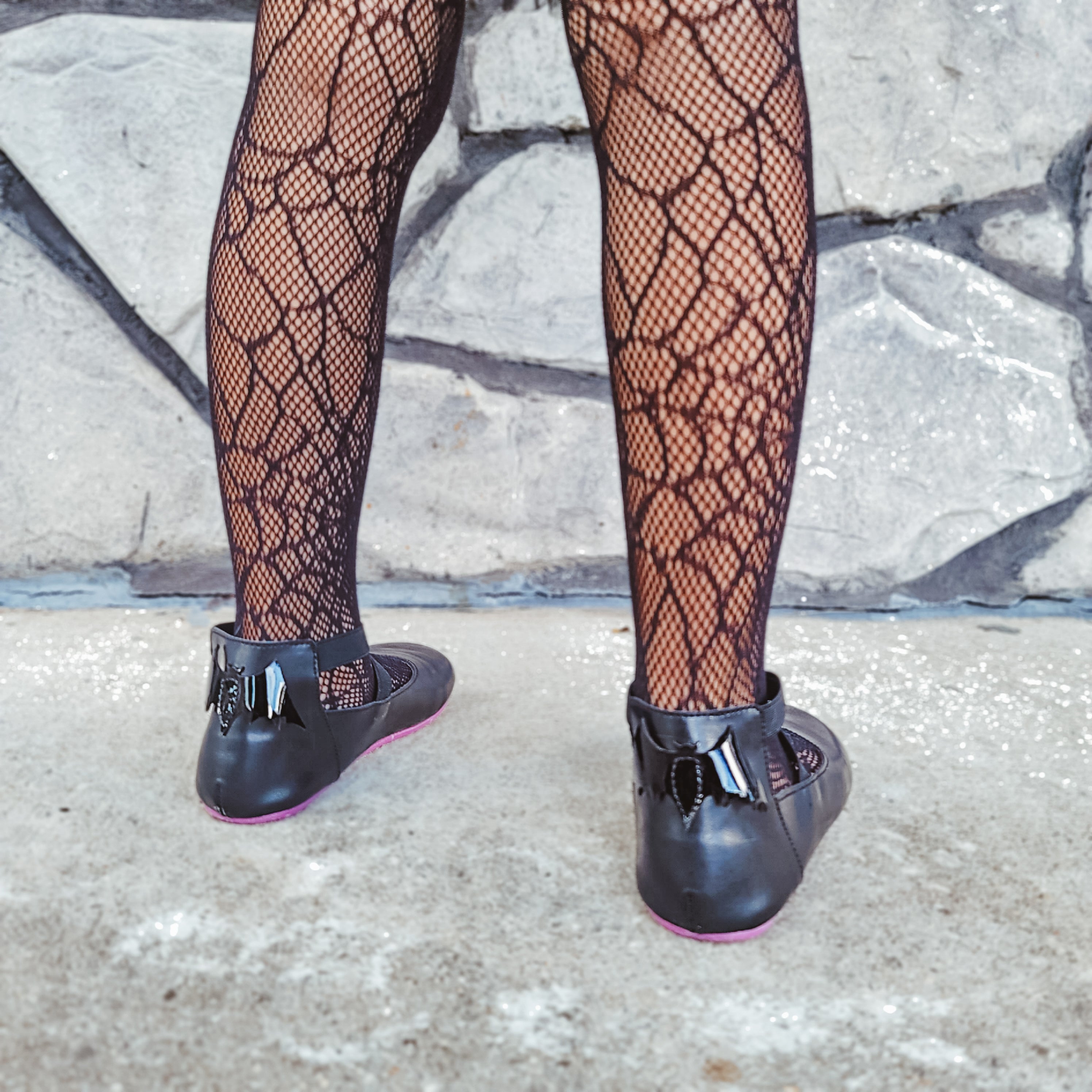 Bat Ballets - Black Smooth Leather - Purple Soles