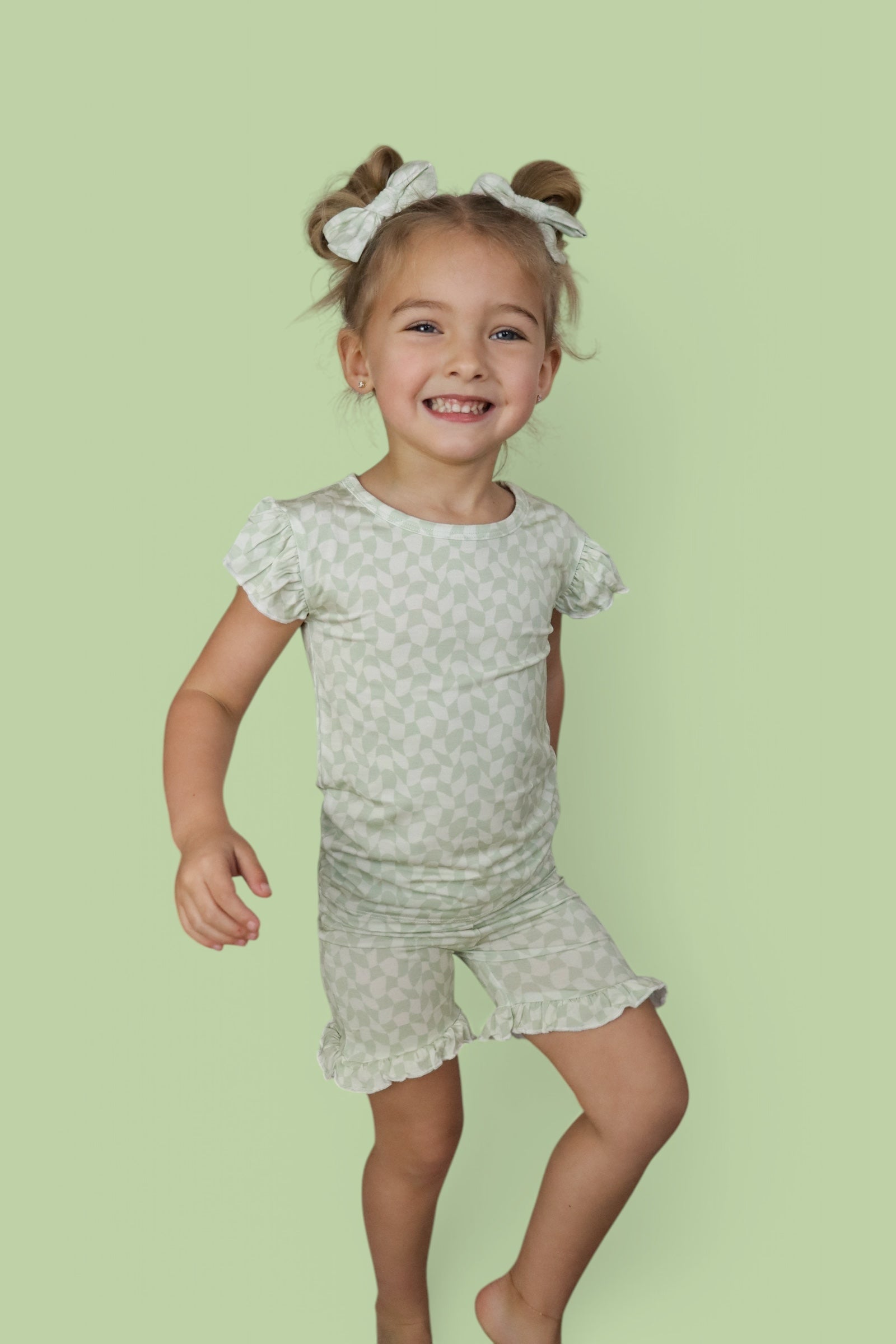 Sage Wavy Checkers Dream Ruffle Short Set