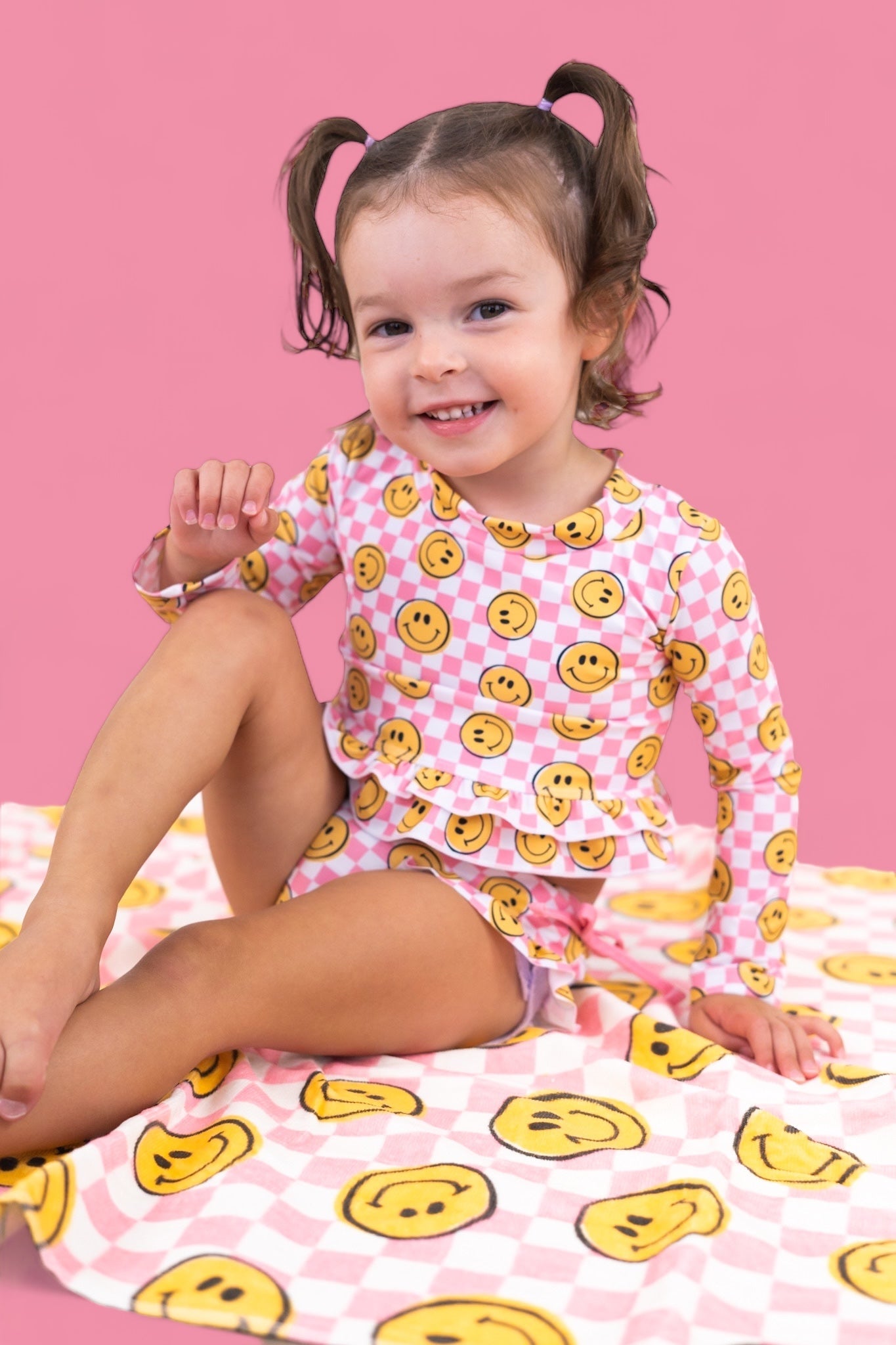 Blushin' Checkers Dream Rash Guard Ruffle Two-piece Swim Suit