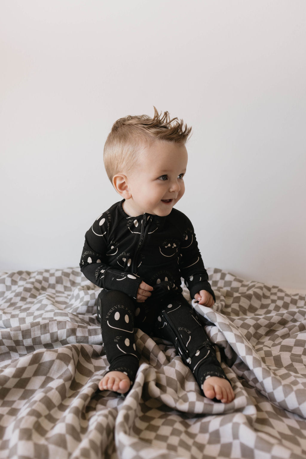 Bamboo Zip Pajamas | Charcoal & White Ff Smile