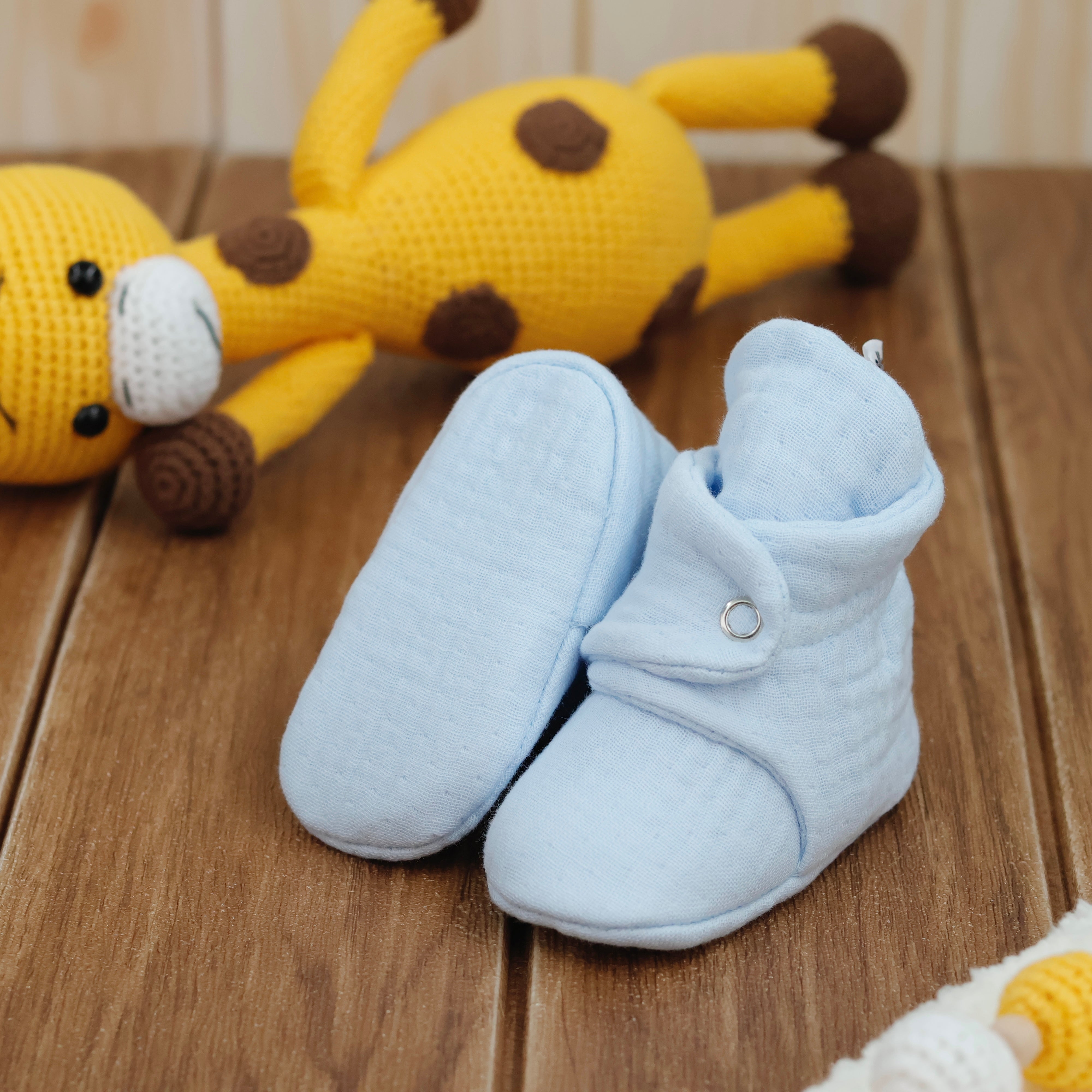 Muslin Stay On Baby Booties Blue