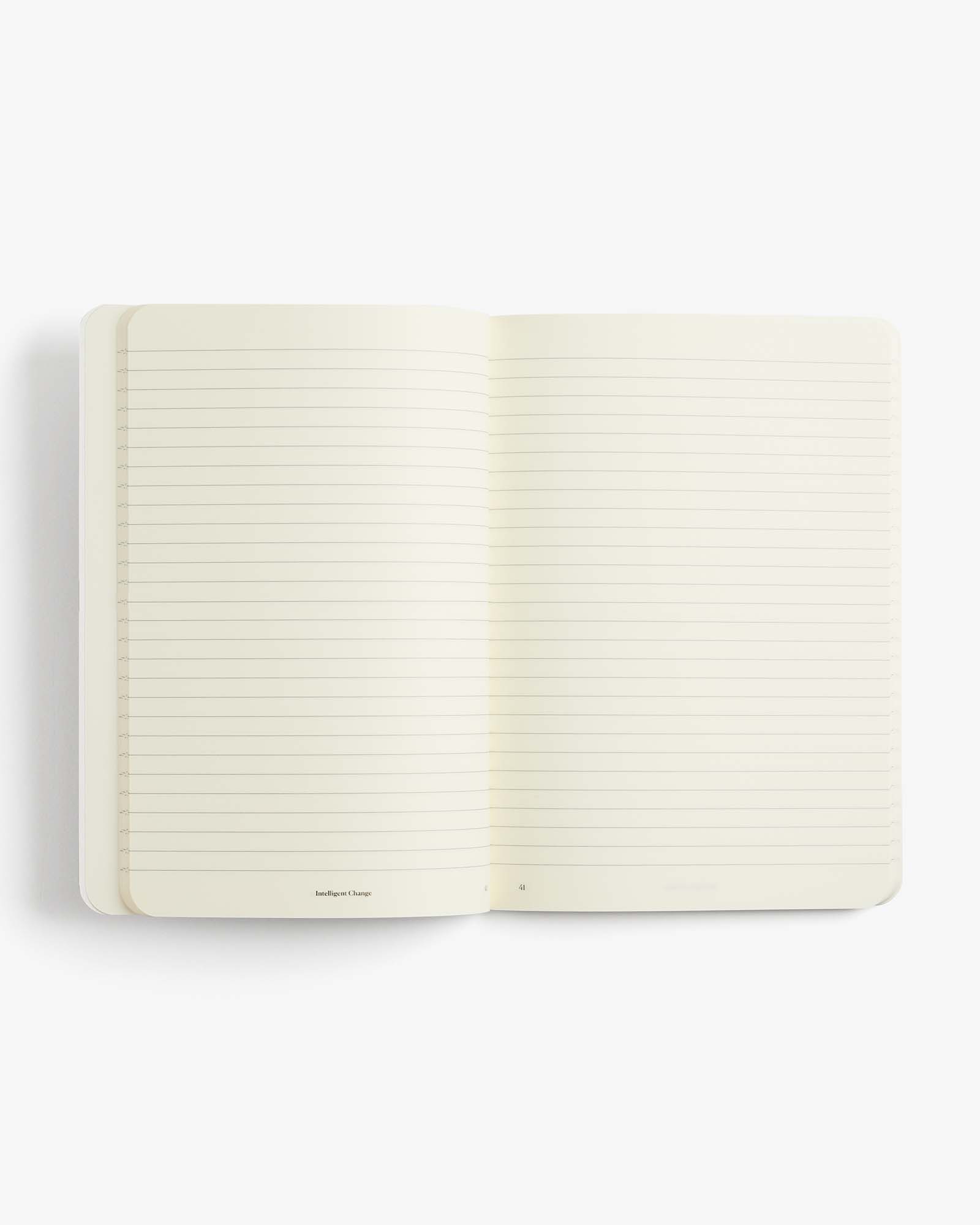 Essential notebook by Intelligent Change created with bespoke paper and made in Germany, Lined long-form journaling notebook with dated pages.