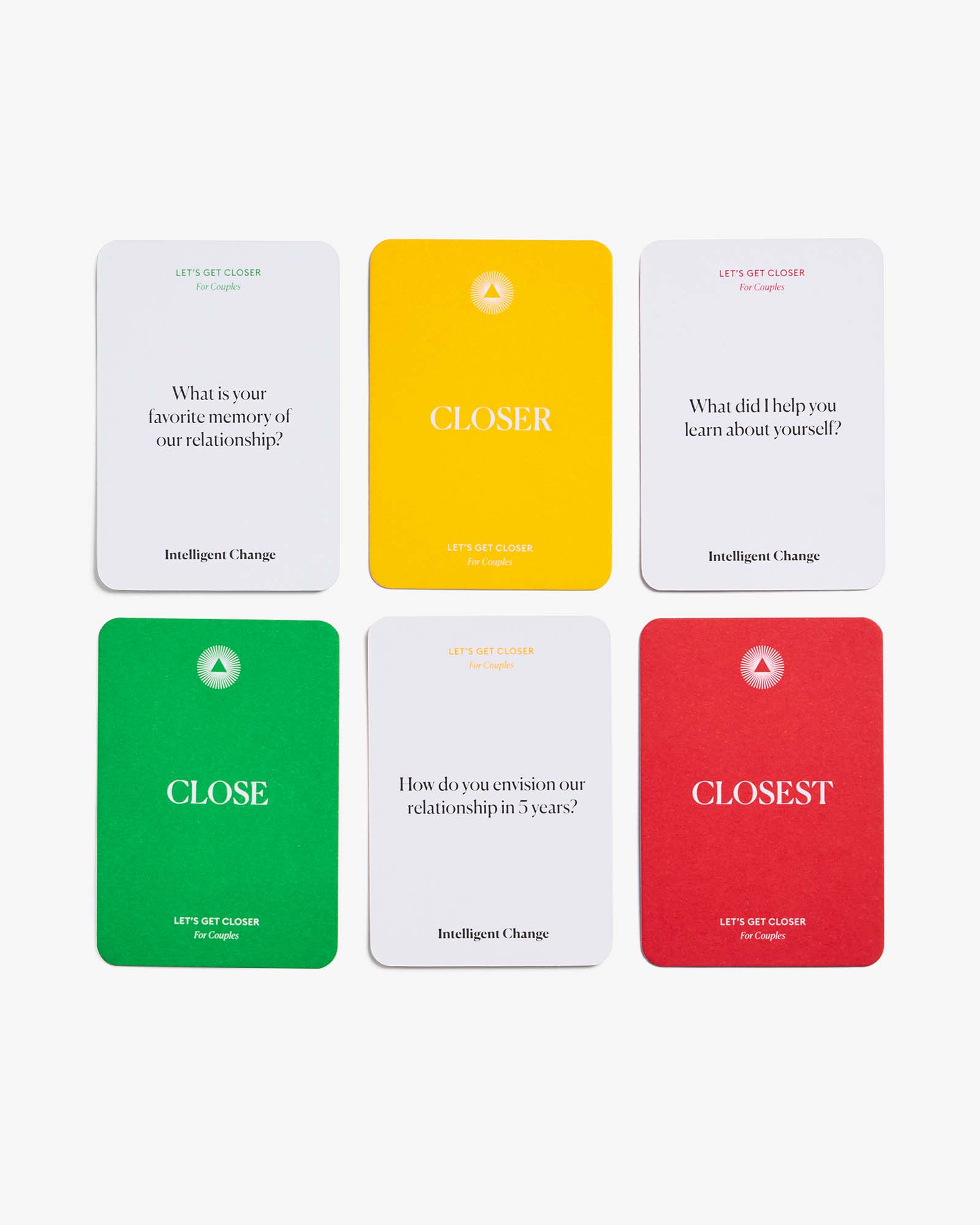 Let's get closer conversation cards based on positive psychology for Couples. Questions that strengthen bonds and build relationships. Three level conversation cards.