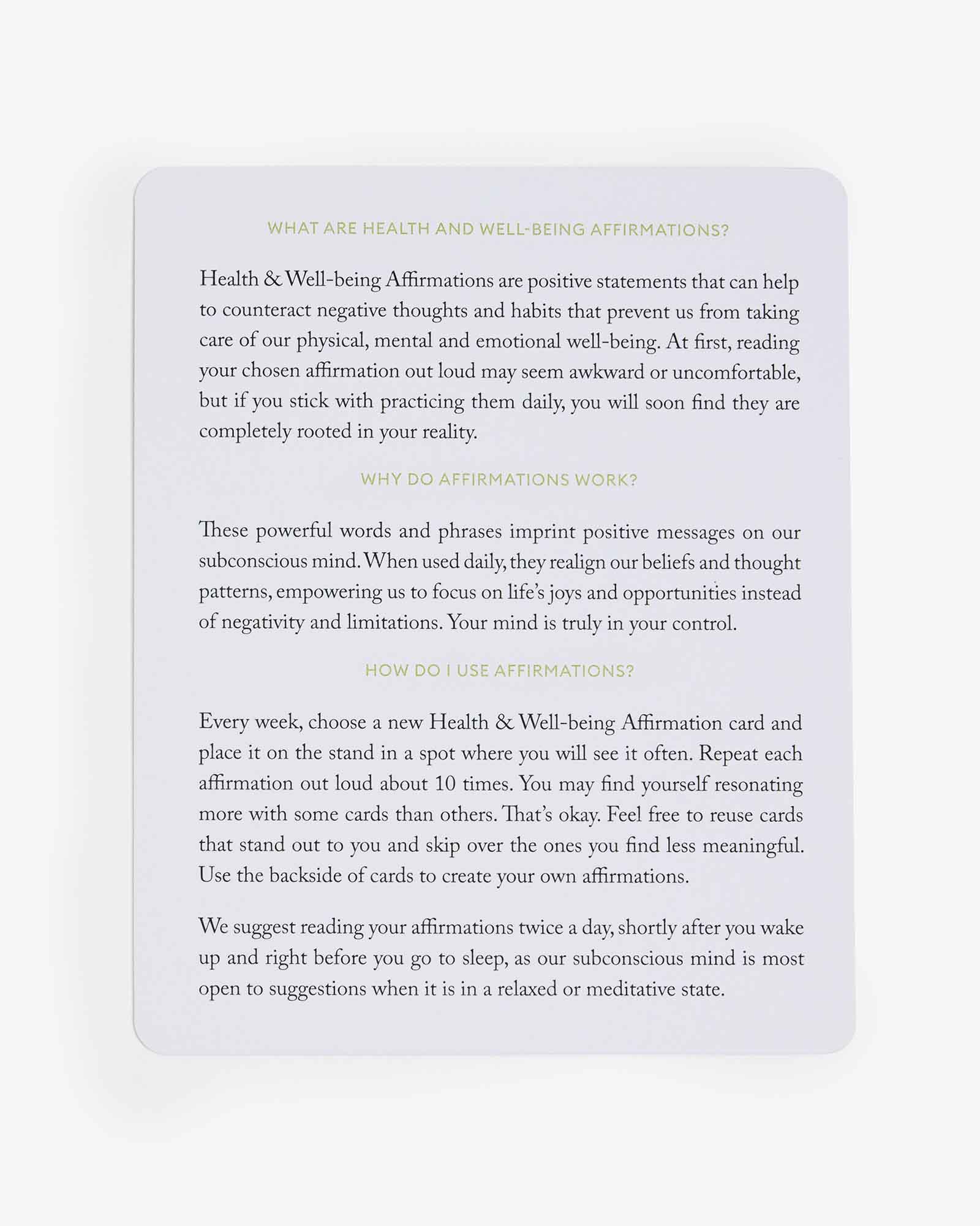 Mindful Affirmations for Health and well-being by Intelligent Change. Based on positive psychology. 52 weekly affirmation cards to boost love and self-love.