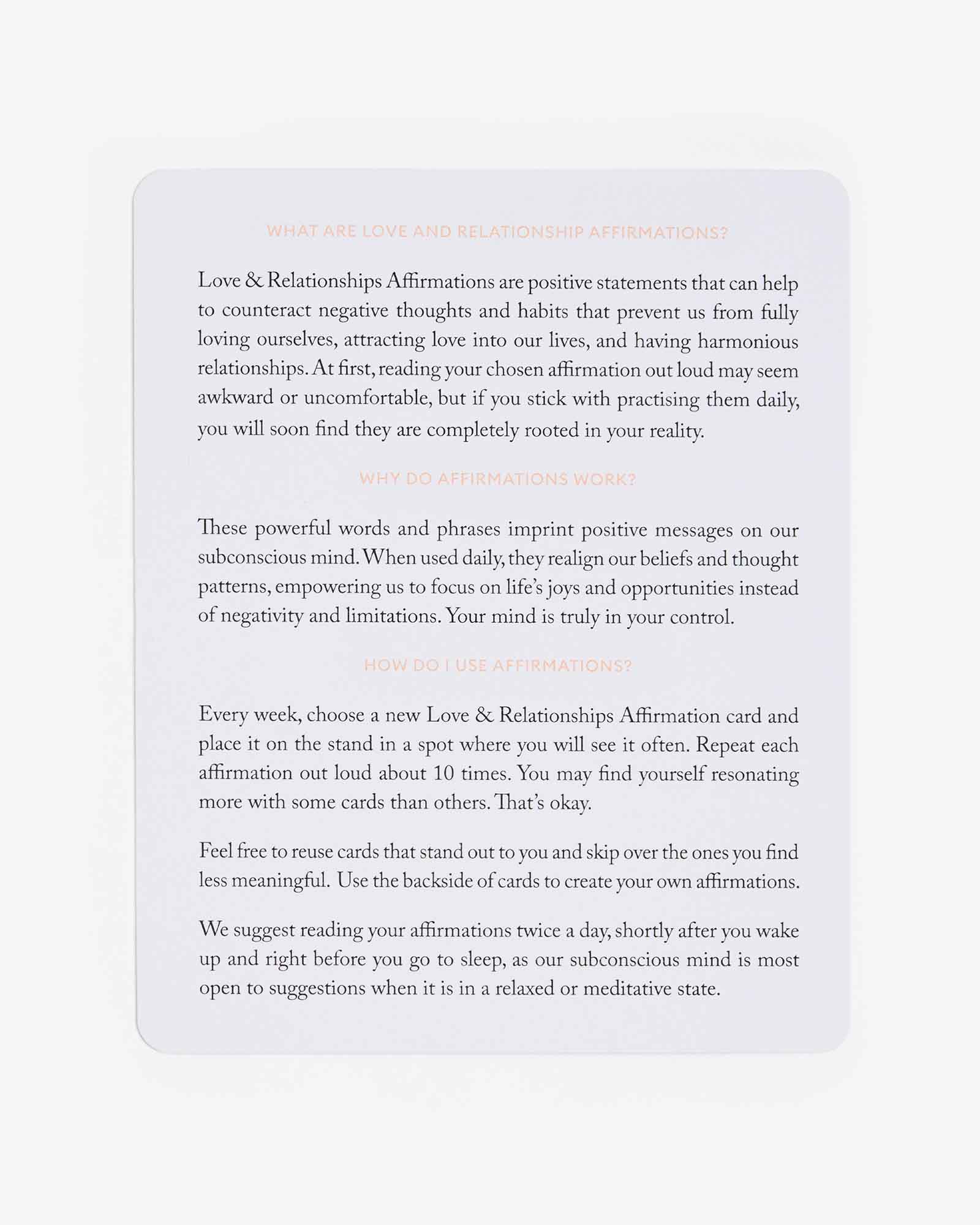 Mindful Affirmations for Love and Relationships by Intelligent Change. Based on positive psychology. 52 weekly affirmation cards to boost love and self-love.