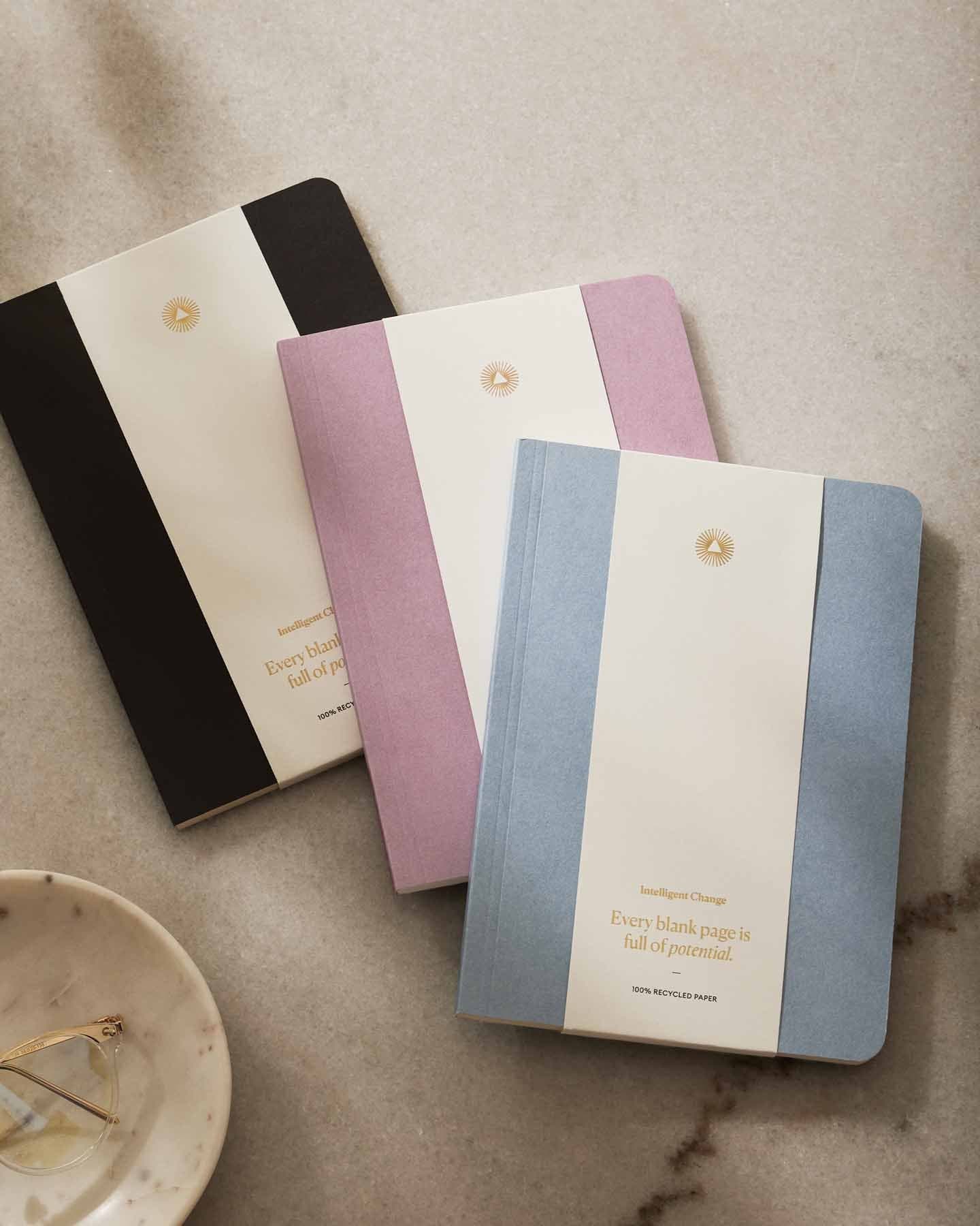 Essential notebook by Intelligent Change created with bespoke paper and made in Germany, Lined long-form journaling notebook with dated pages.