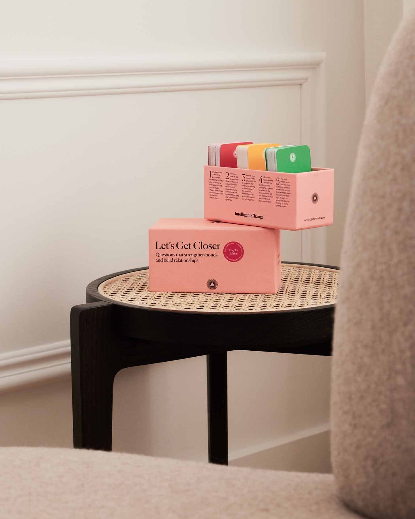 Let's get closer conversation cards based on positive psychology for Couples. Questions that strengthen bonds and build relationships. Three level conversation cards.