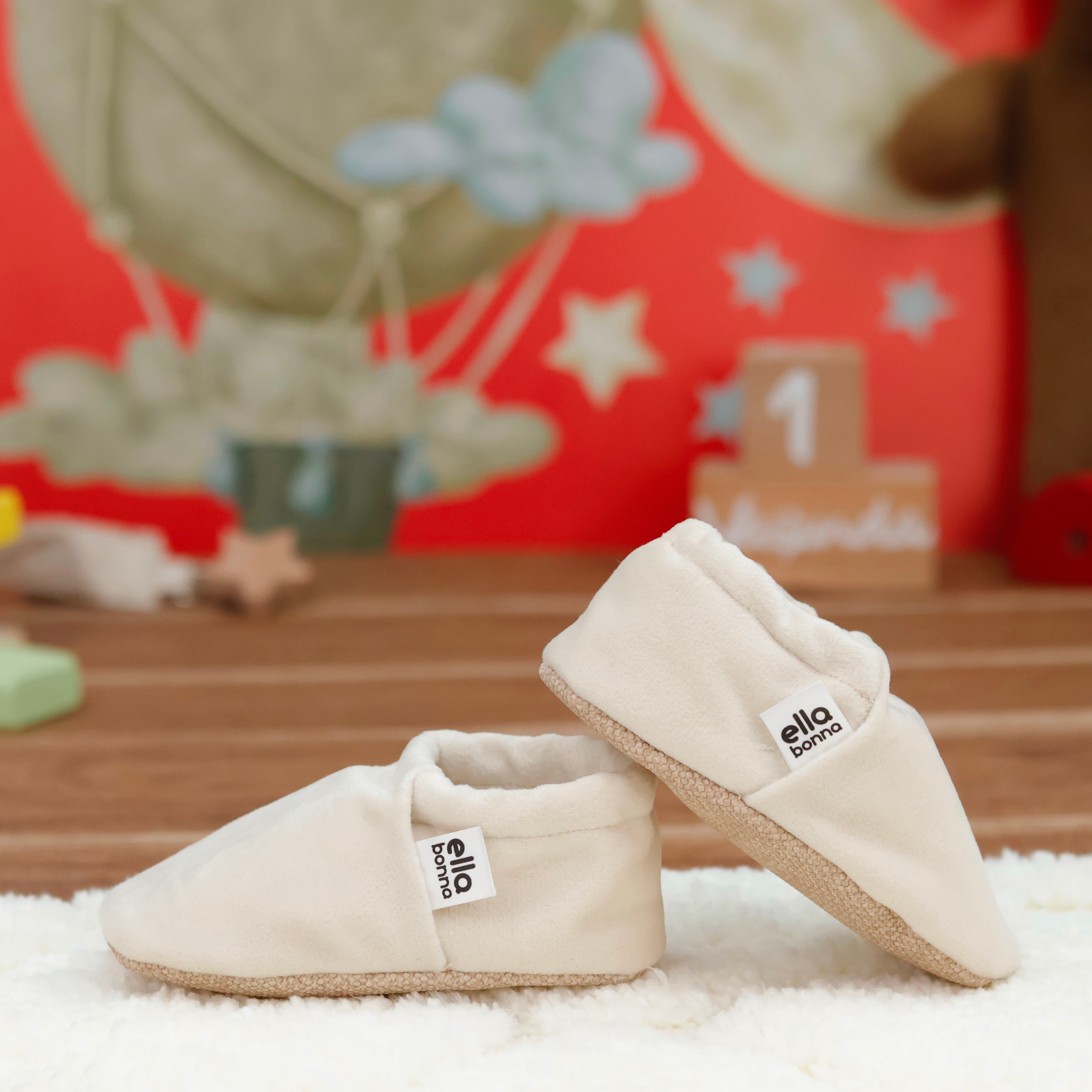 Organic Cotton Velvet Home Nursery Moccasin Shoes, Cream