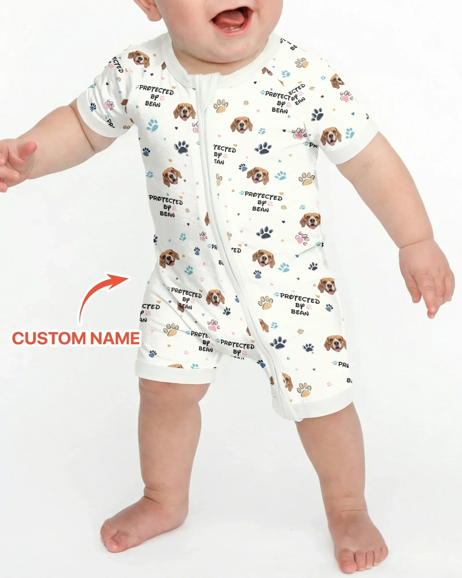 Custom Dog Photo Pattern "protected By" Bamboo Shorty Zippered Romper