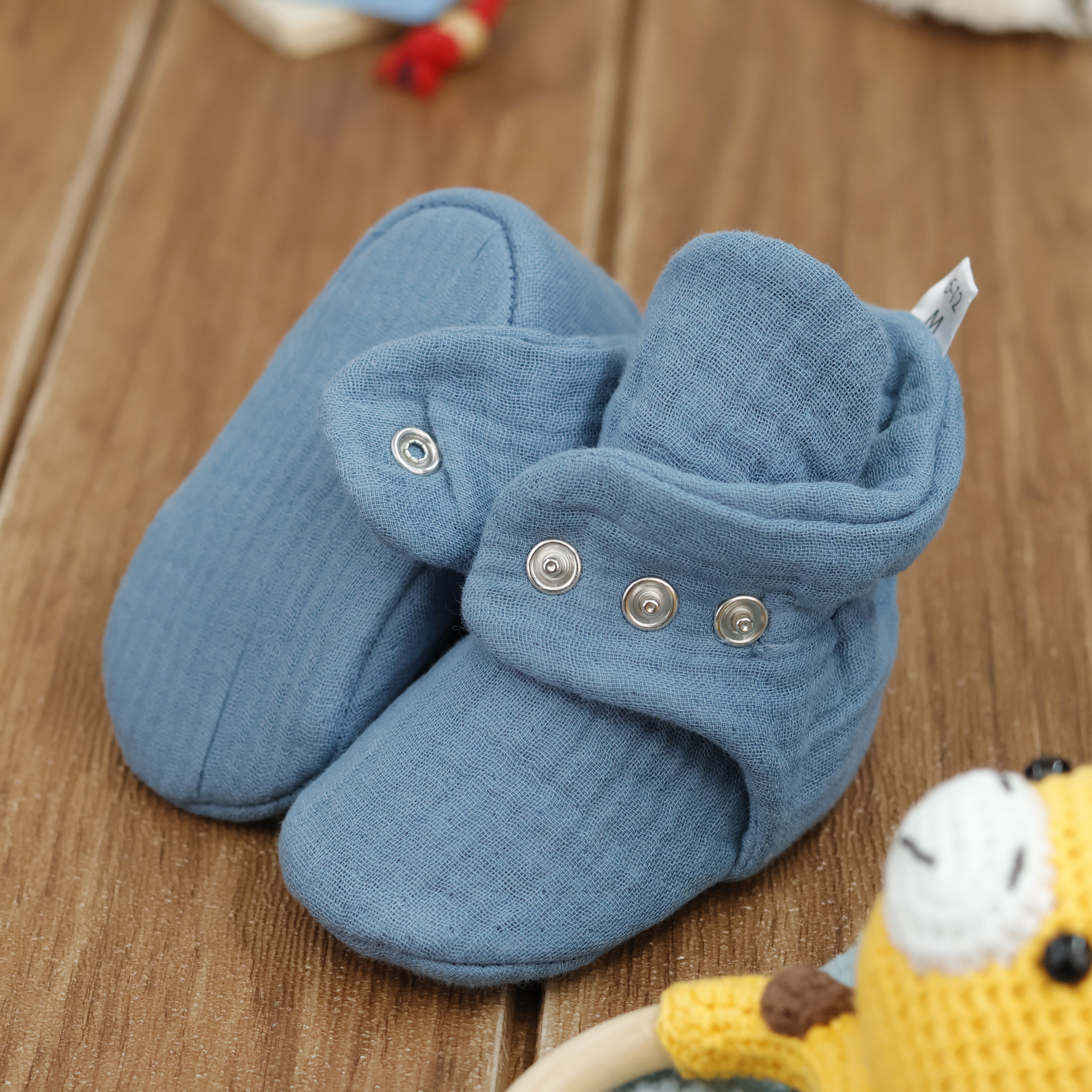 Muslin Stay On Baby Booties Smaltblue
