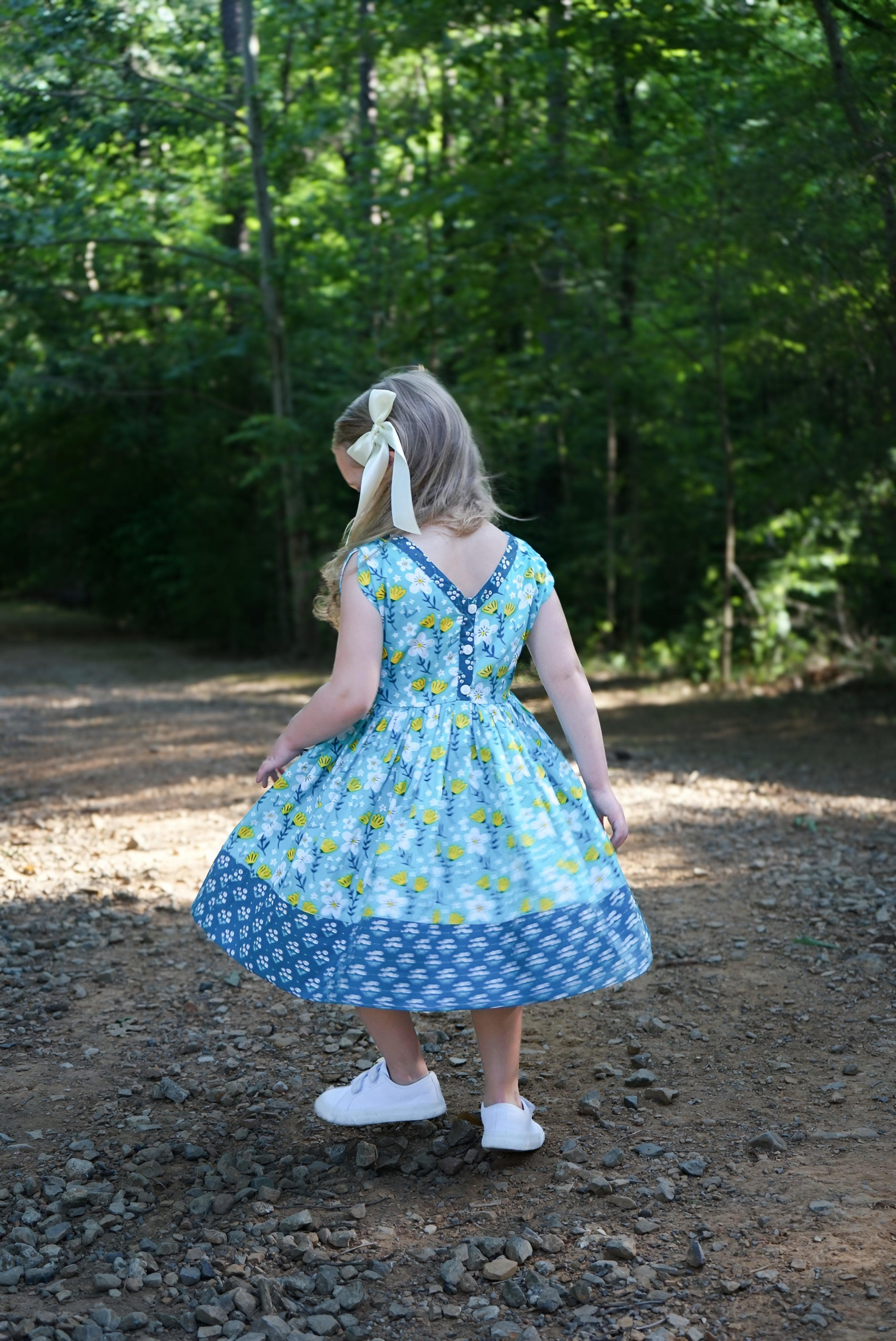 Vintage Teal Garden Picnic Dress W/ Hairbow