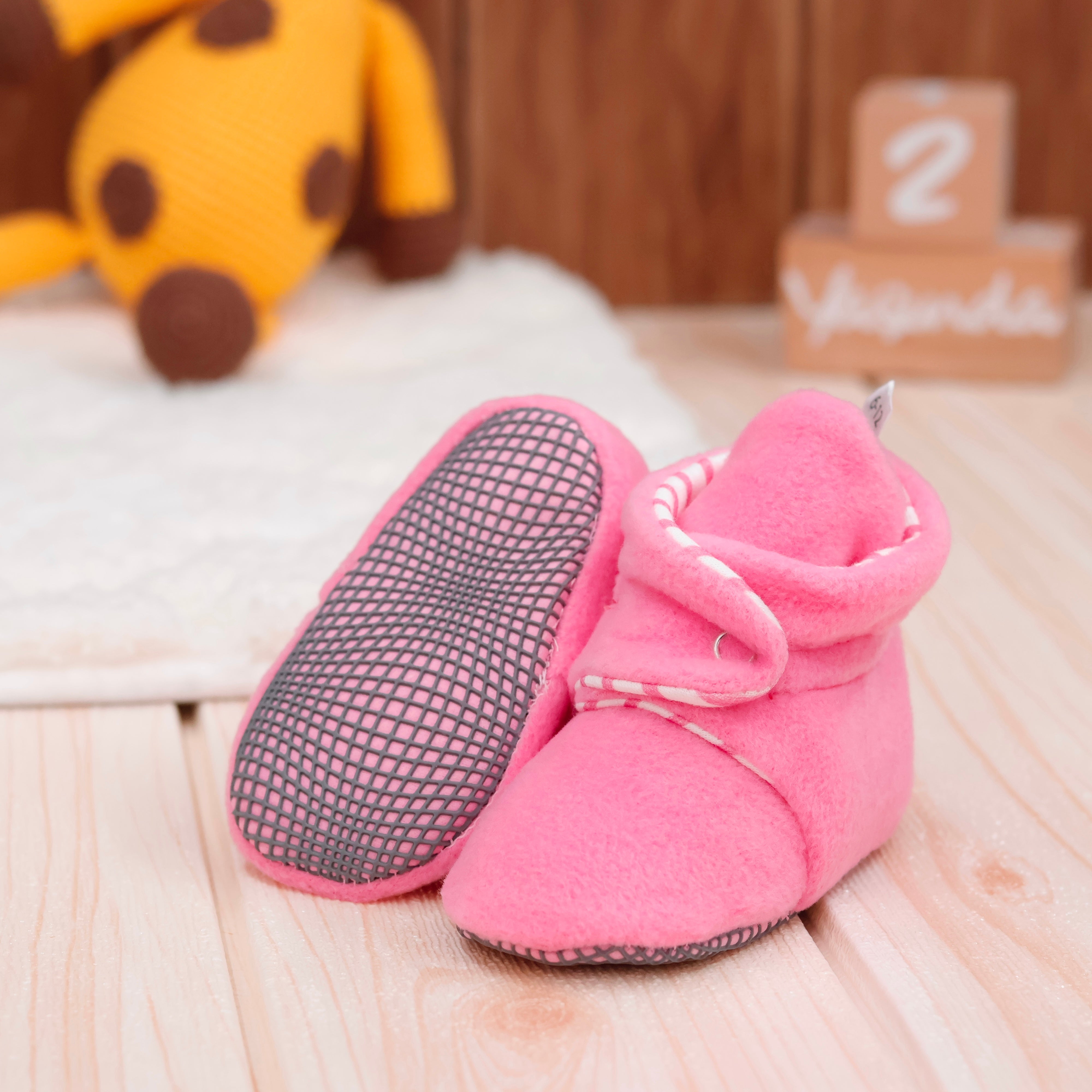 Anti-slip Sole, Fleece Baby Booties, Newborn Home Booties, Sweat Proof Organic Cotton Lining, Pink