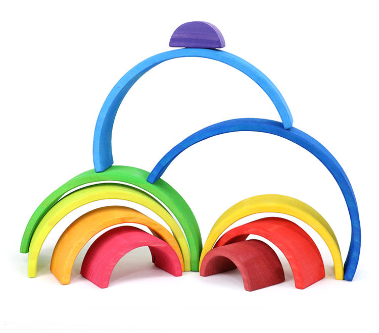 10 Pcs Stained Wooden Rainbow Stacking Puzzle Blocks In Sunset Color