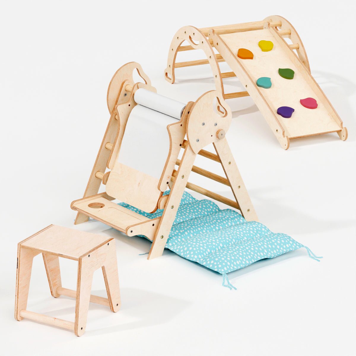 4in1 Montessori Climbing Set: Pikler Triangle, Arch, Slide Board, And Cushion For Toddlers (1–3 Years)