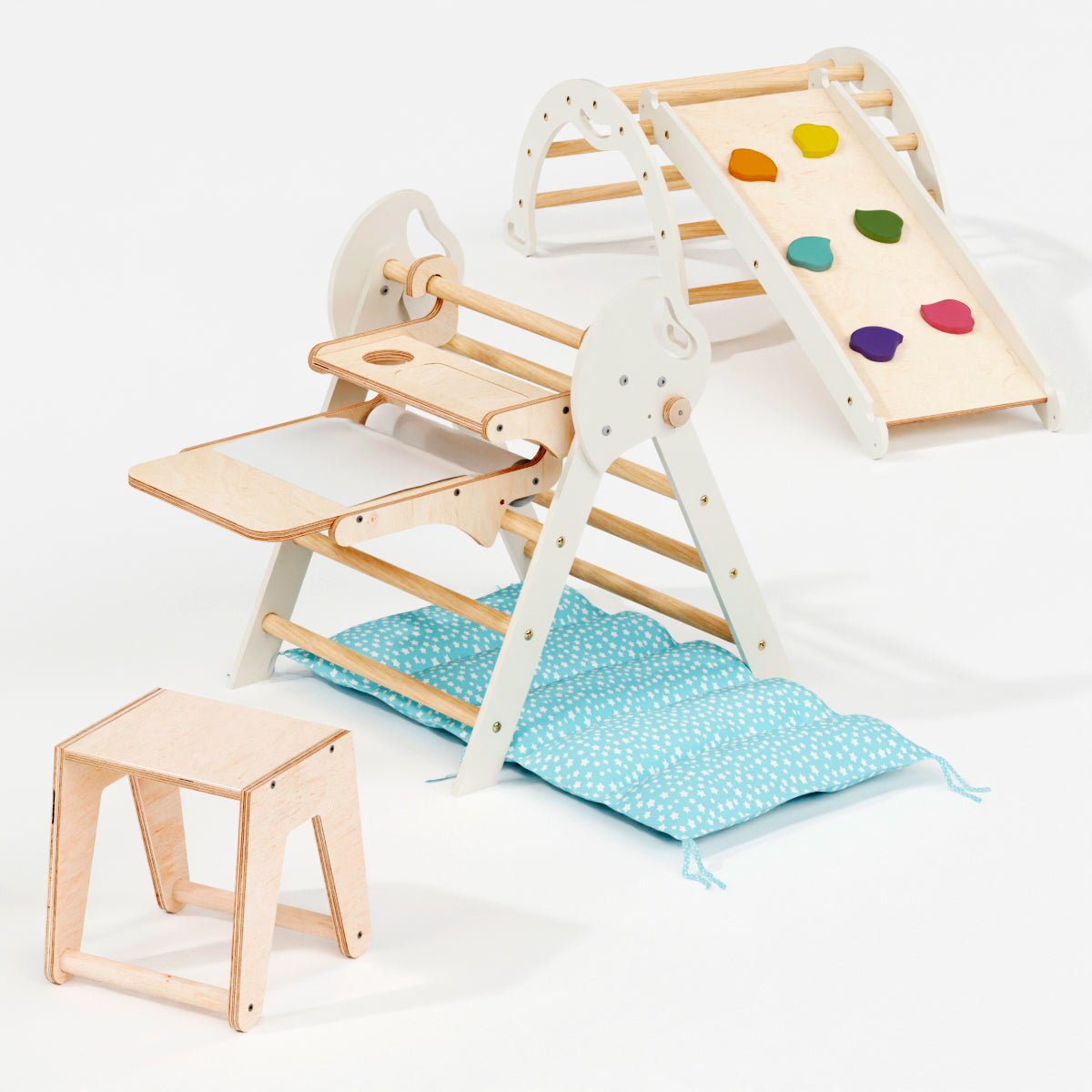 4in1 Montessori Climbing Set: Pikler Triangle, Arch, Slide Board, And Cushion For Toddlers (1–3 Years)