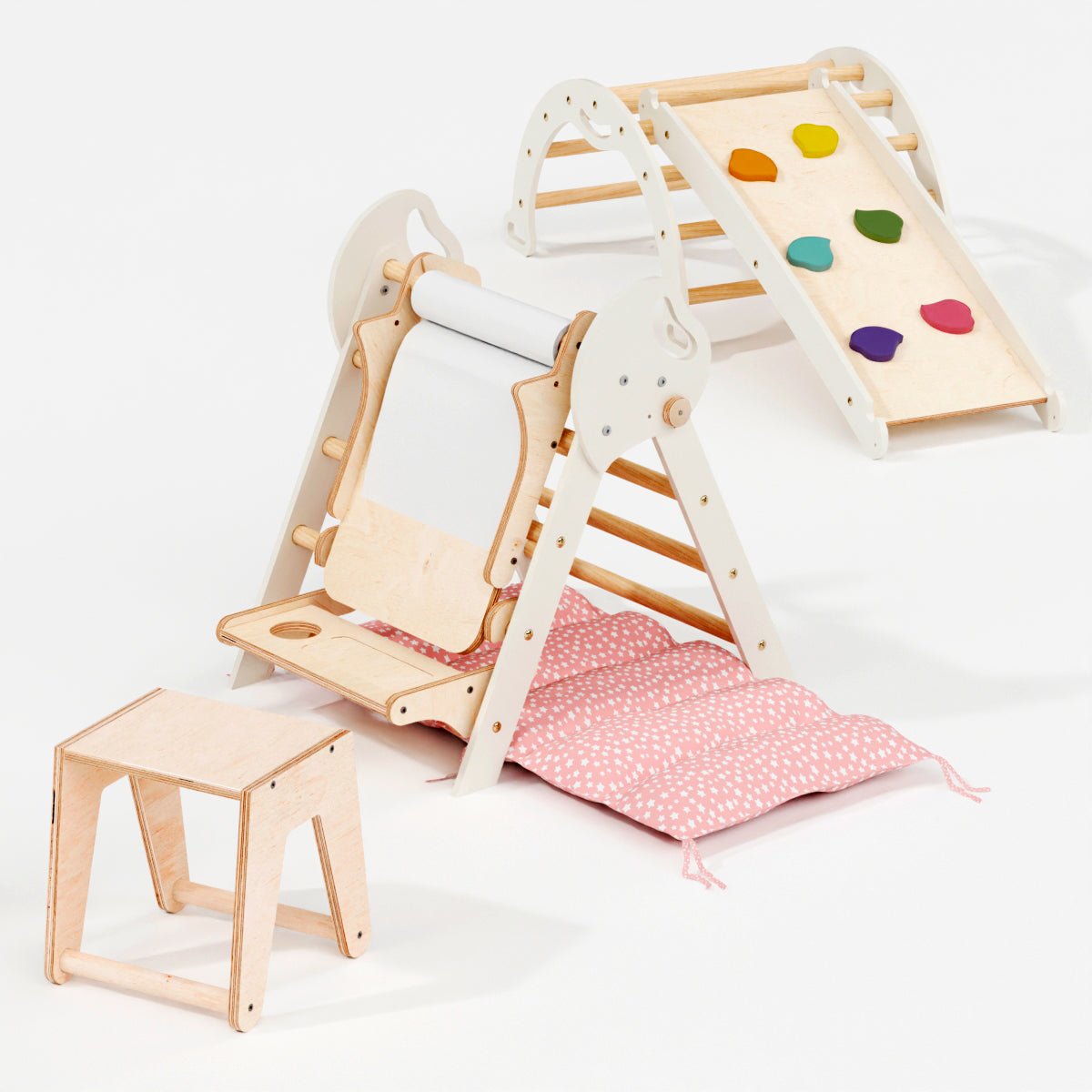 4in1 Montessori Climbing Set: Pikler Triangle, Arch, Slide Board, And Cushion For Toddlers (1–3 Years)