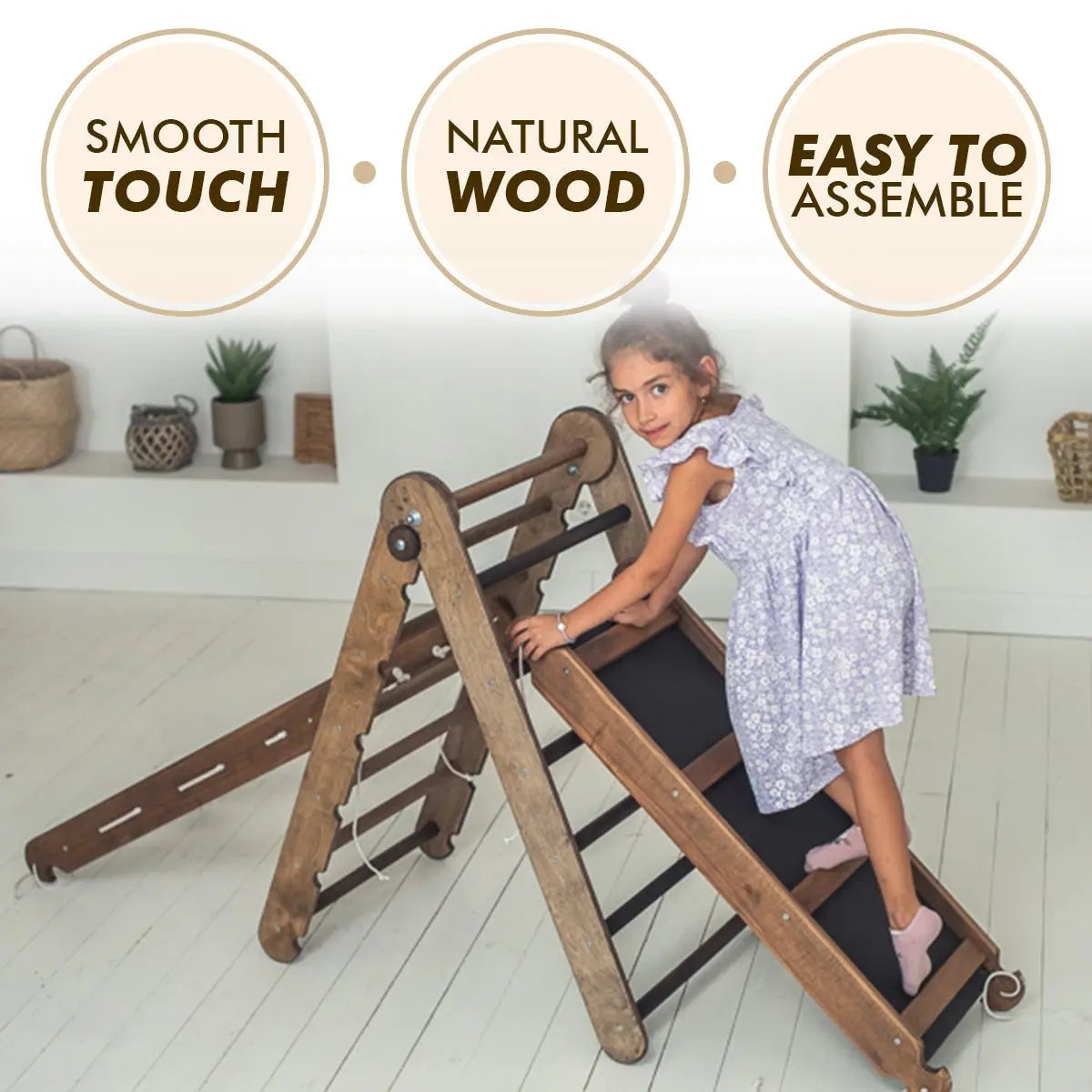 3in1 Montessori Climbing Set: Triangle Ladder + Slide Board + Net – Chocolate