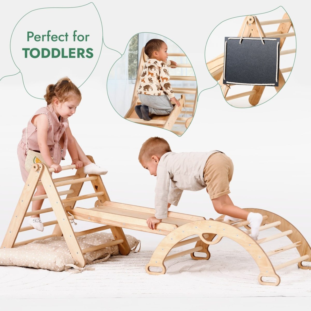 4in1 Montessori Climbing Set: Triangle Ladder + Climbing Arch + Slide Board + Cushion (1-3 Y.o)