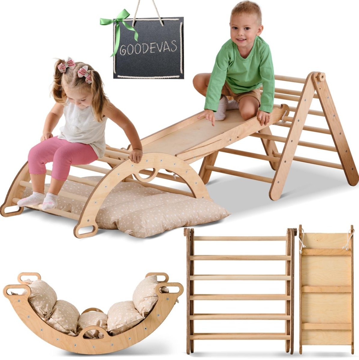 4in1 Montessori Climbing Set: Triangle Ladder + Climbing Arch + Slide Board + Cushion (1-3 Y.o)
