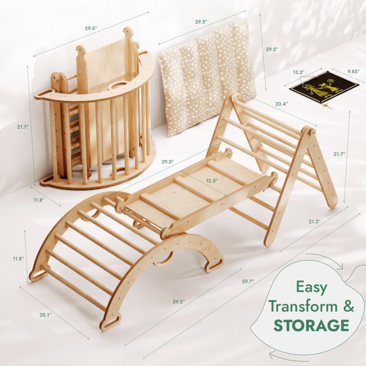 4in1 Montessori Climbing Set: Triangle Ladder + Climbing Arch + Slide Board + Cushion (1-3 Y.o)