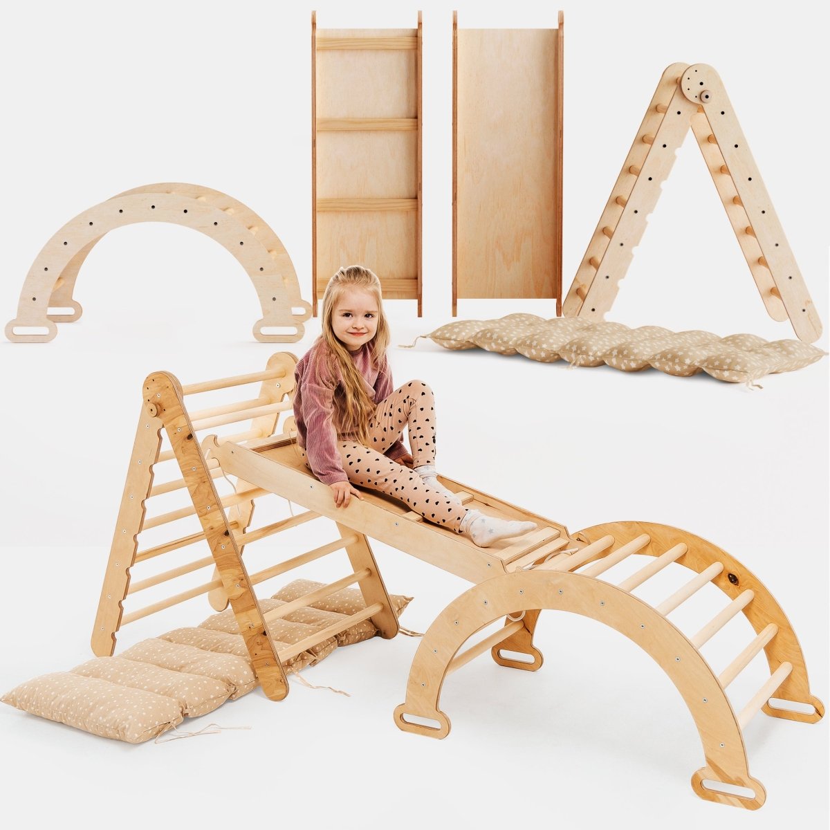 4in1 Montessori Climbing Set: Triangle Ladder + Climbing Arch + Slide Board & Cushion – Beige