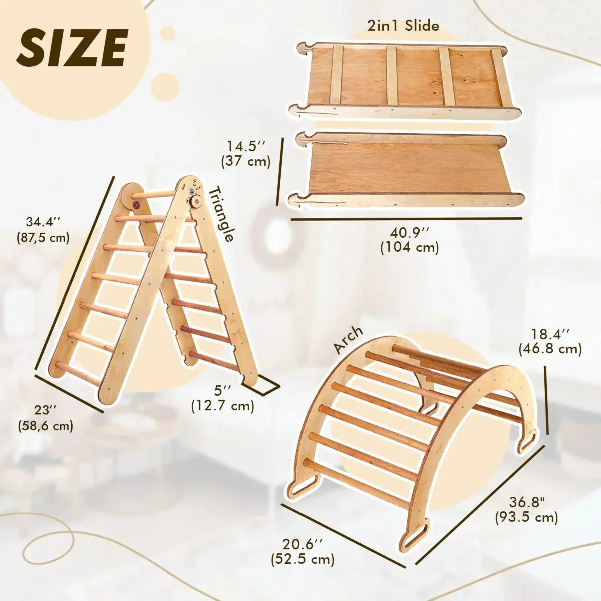 4in1 Montessori Climbing Set: Triangle Ladder + Climbing Arch + Slide Board & Cushion – Beige