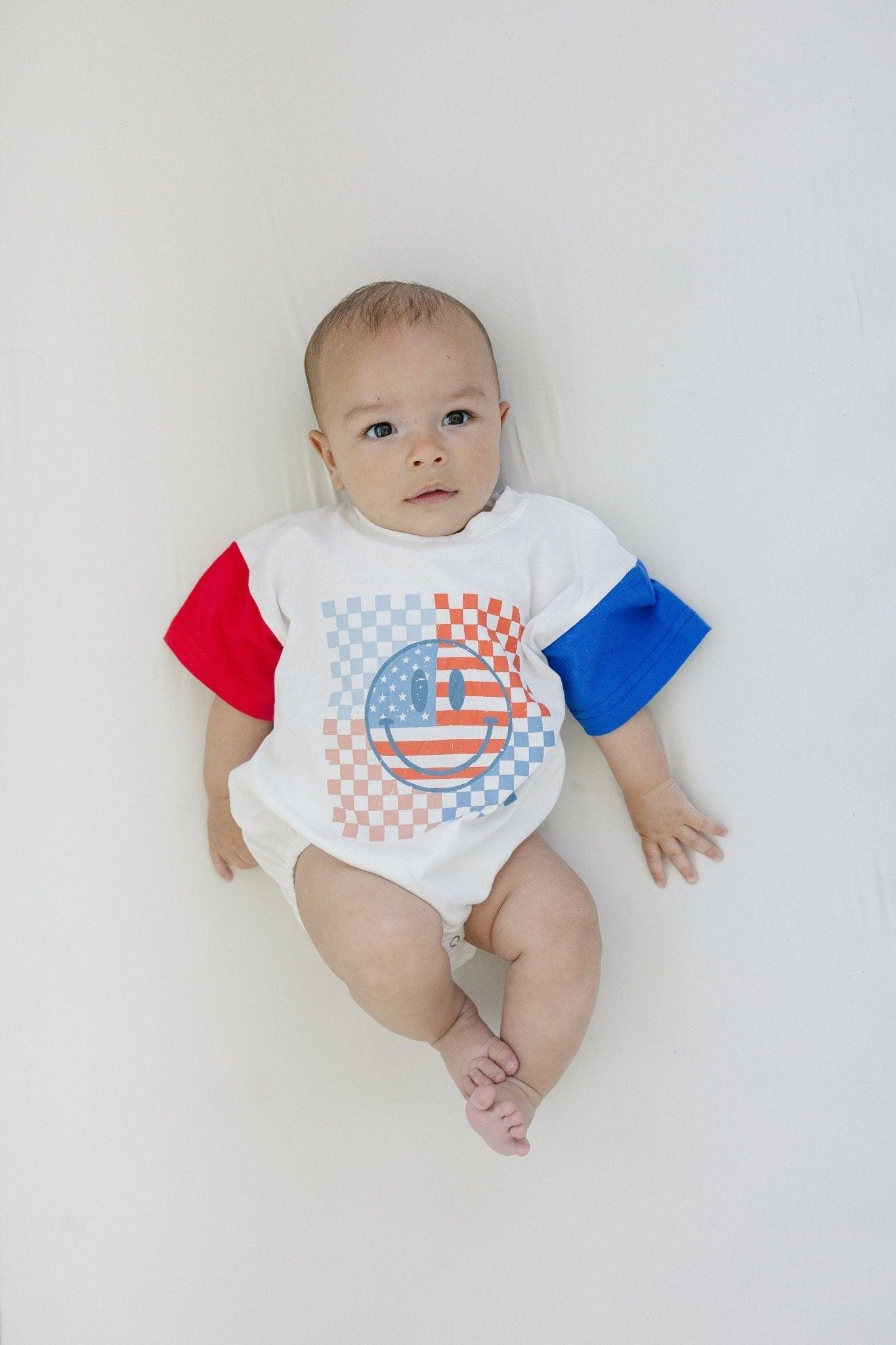 4th Of July Checker Smiley T-shirt Romper
