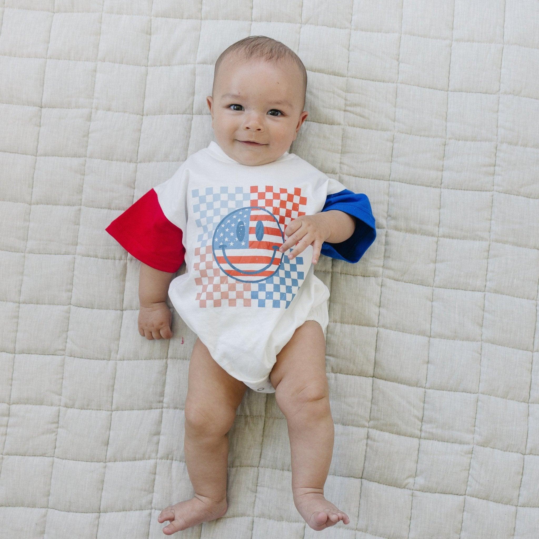 4th Of July Checker Smiley T-shirt Romper