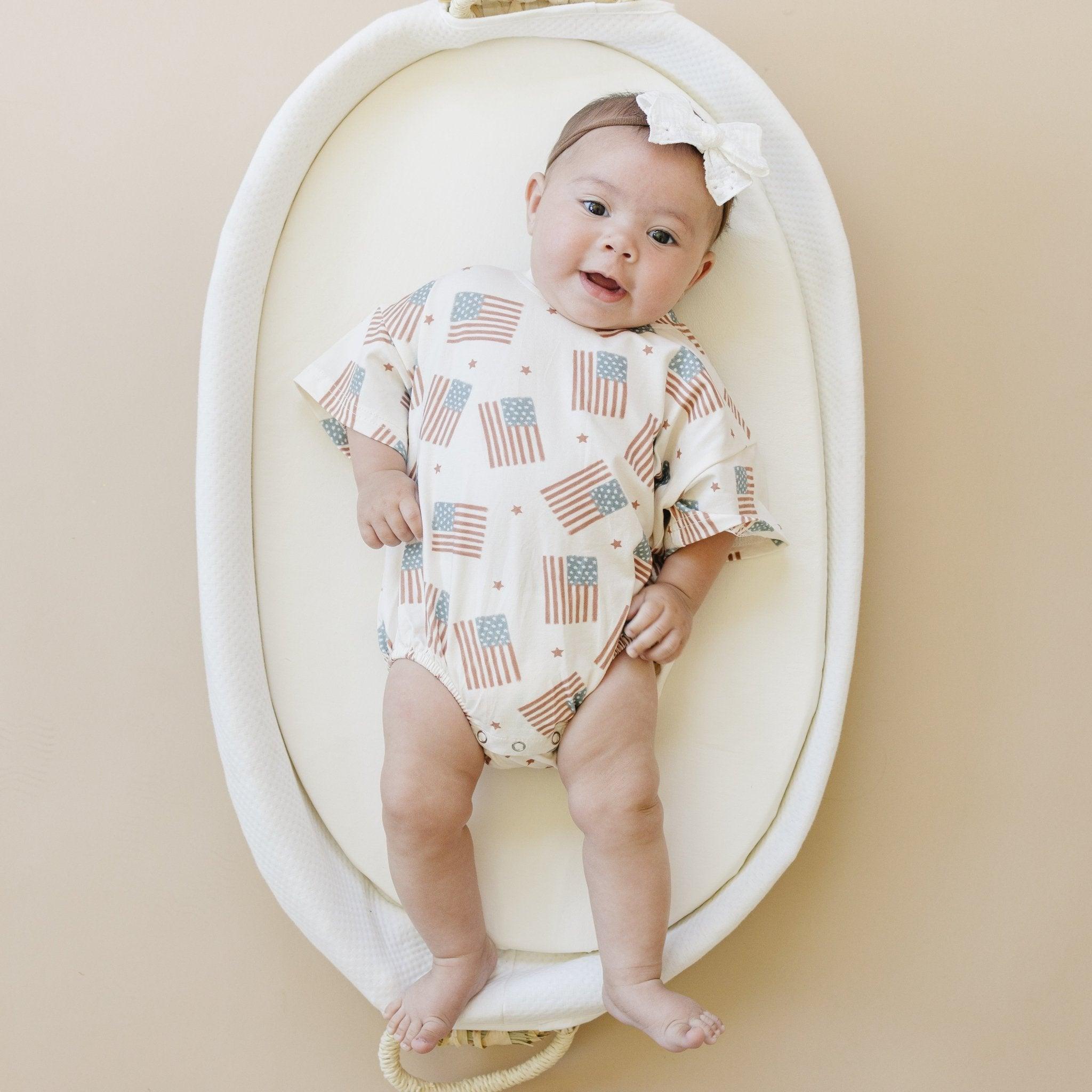 4th Of July Flag Print T-shirt Romper - Optional Custom Embroidery