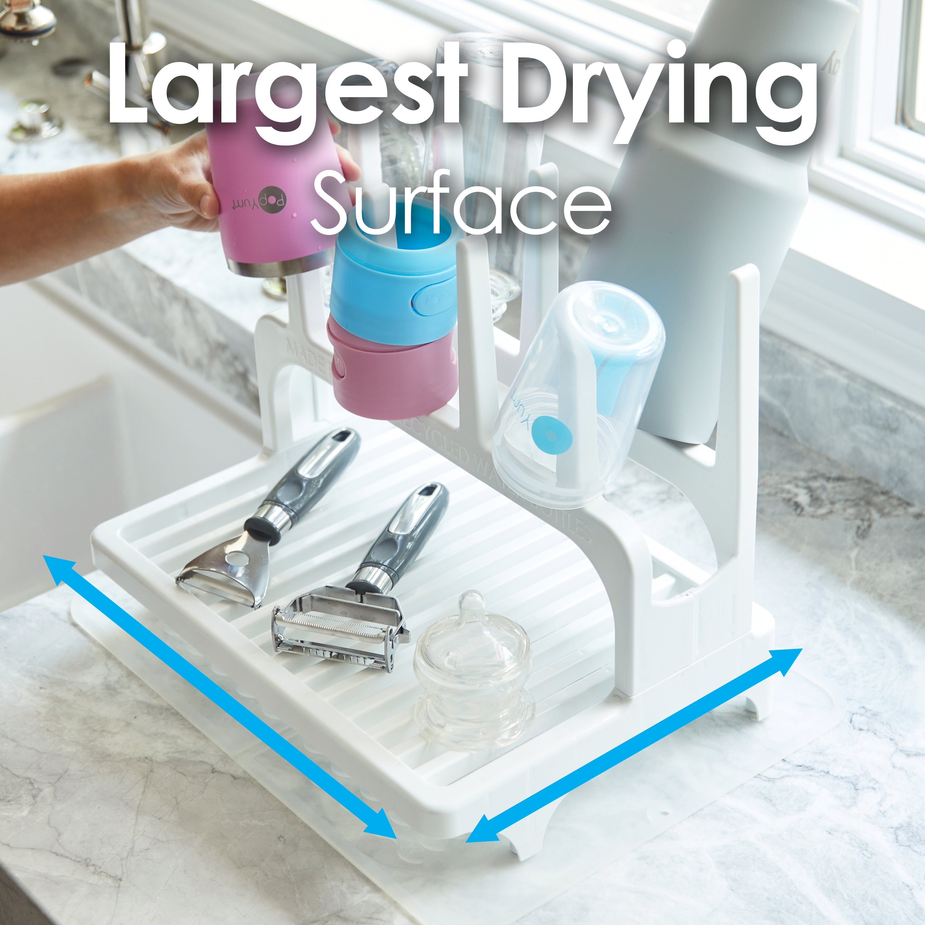 Popyum Glacier White Space Saving Drying Rack From 100% Recycled Bottles, Countertop For Baby Bottles, Plastic Bags, Cups, Glass, Tumblers, Compact
