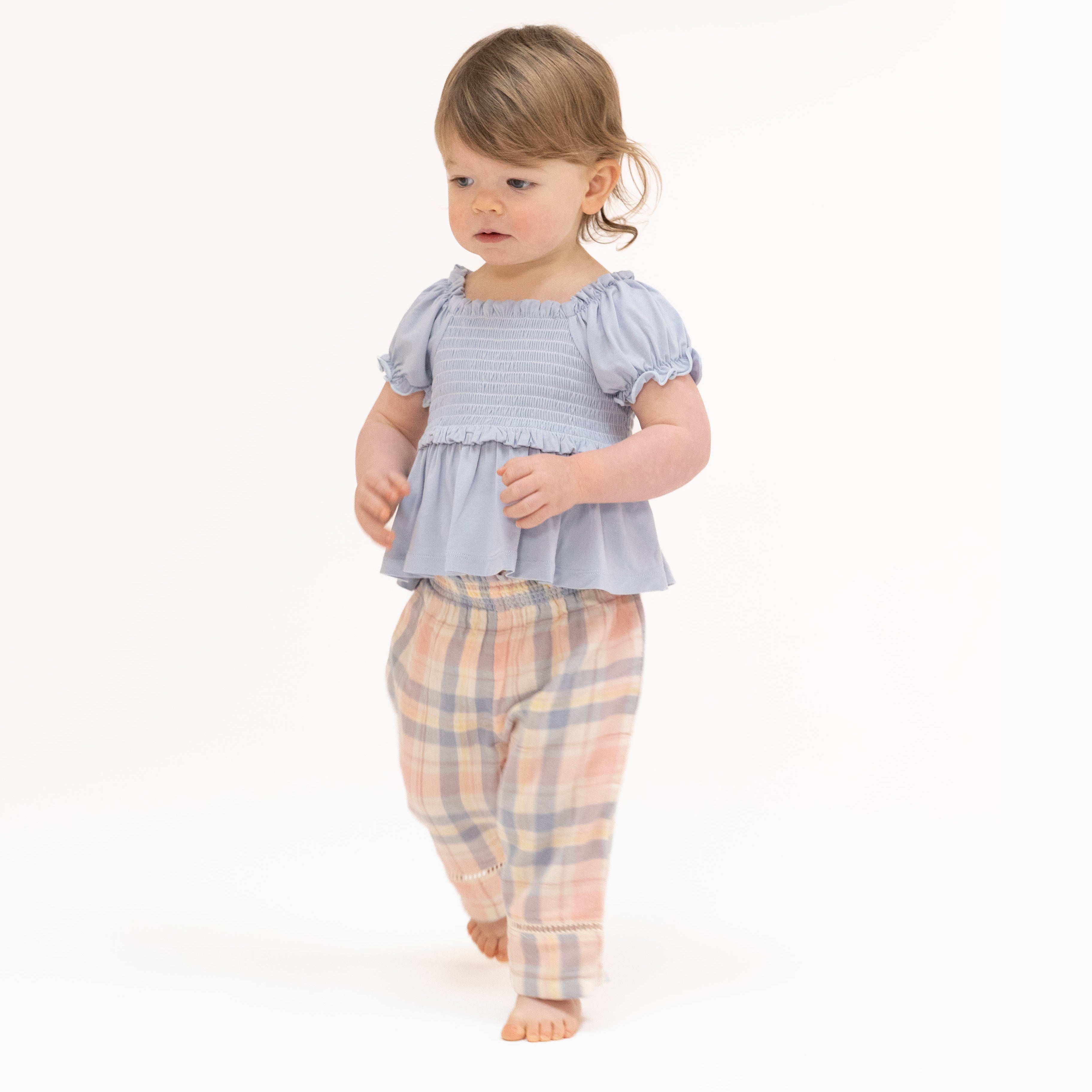 Dusty Plaid - Smocked Blouse And Pant Set