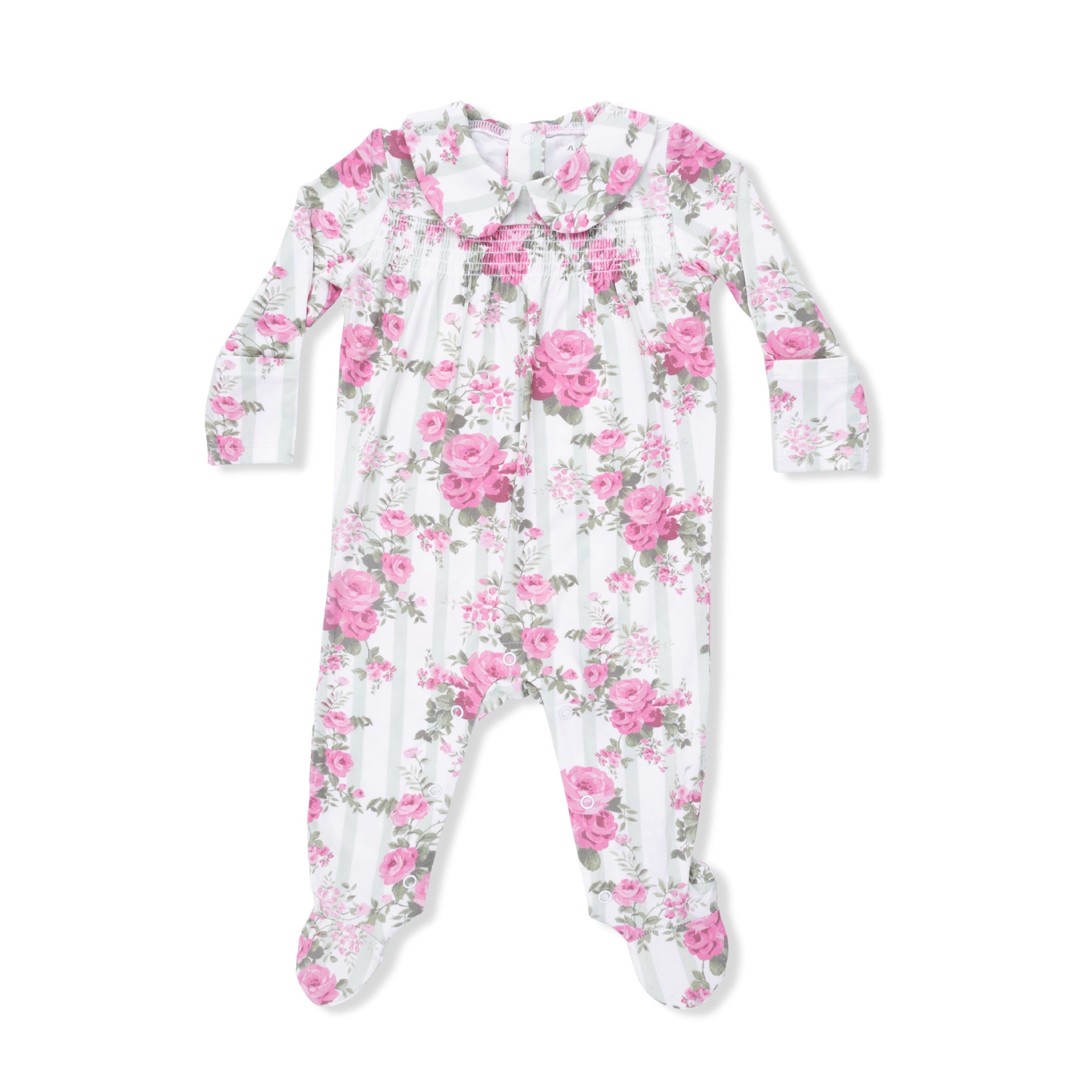 Cabbage Rose Stripe - Smocked Peter Pan Snap Footie